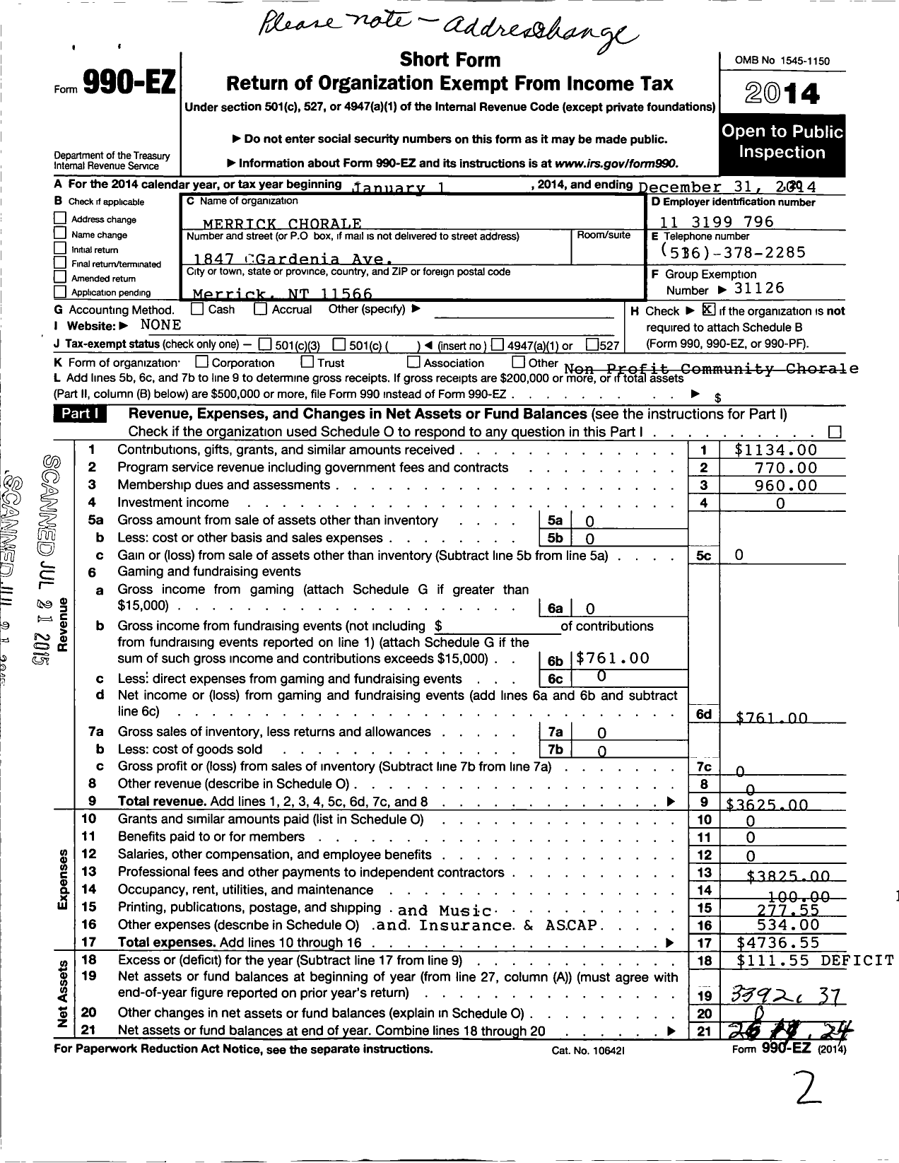 Image of first page of 2014 Form 990EO for Merrick Chorale