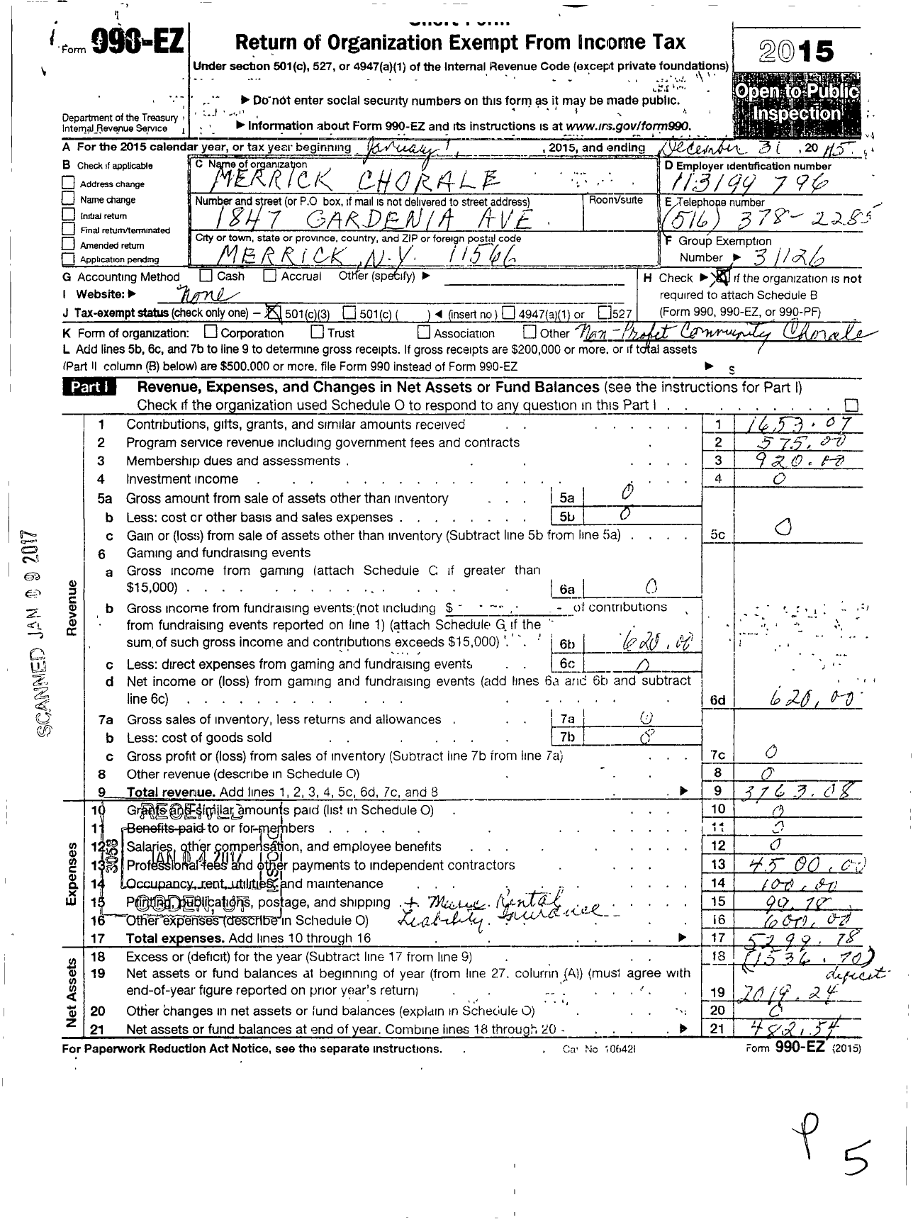 Image of first page of 2015 Form 990EZ for Merrick Chorale