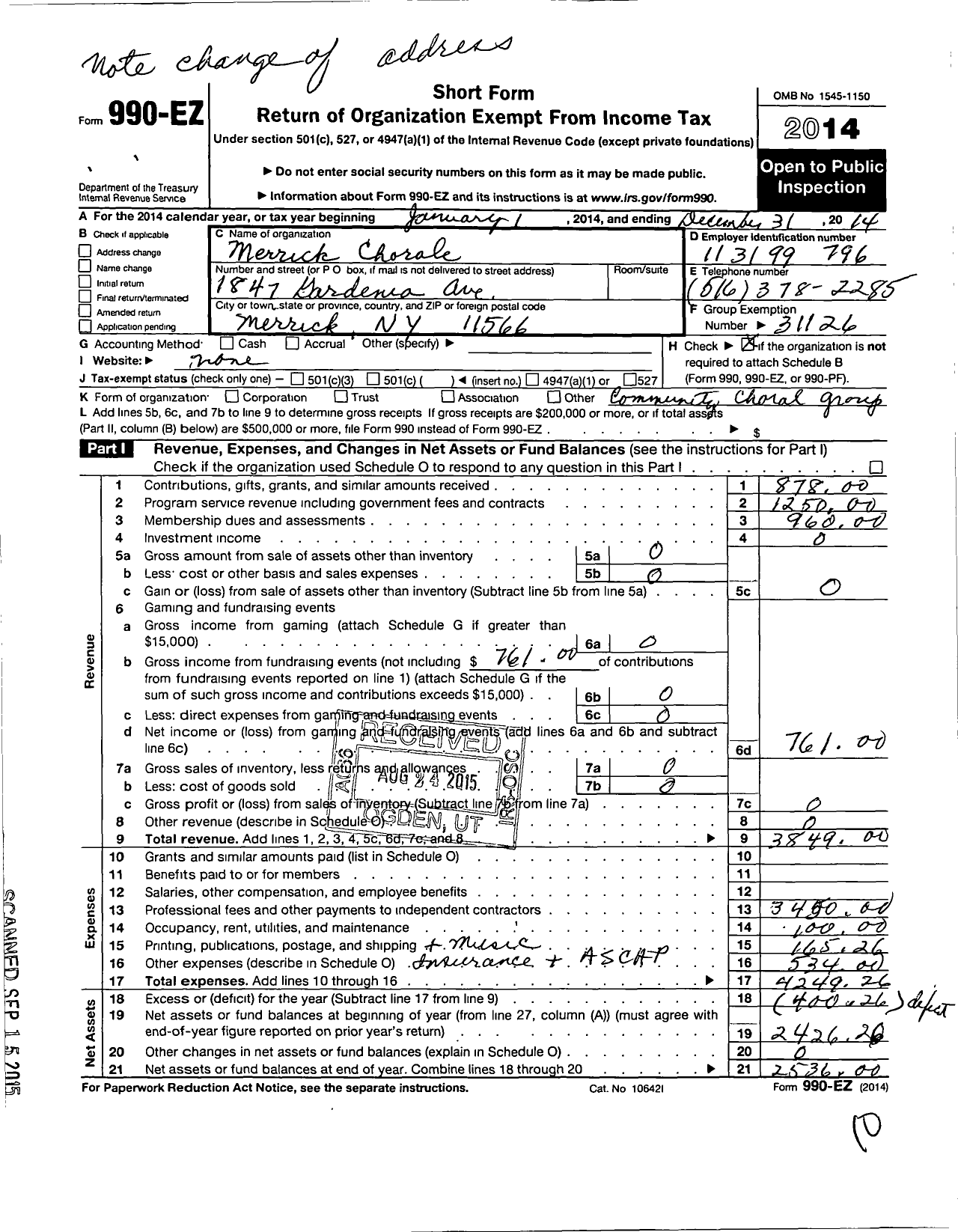 Image of first page of 2014 Form 990EO for Merrick Chorale