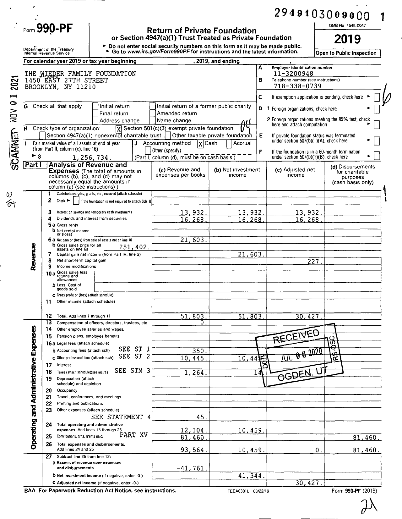 Image of first page of 2019 Form 990PF for The Wieder Family Foundation