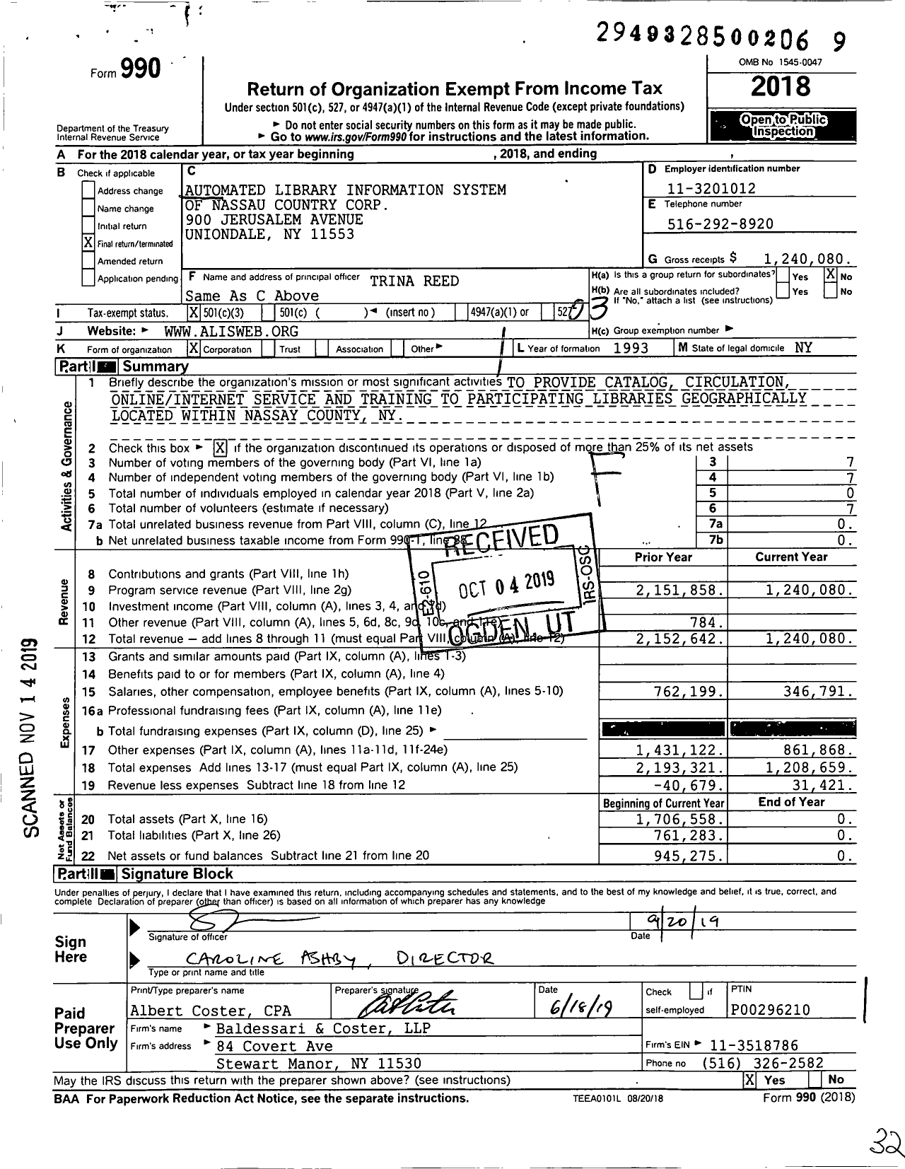 Image of first page of 2018 Form 990 for Automated Library Information System of Nassau County Corp