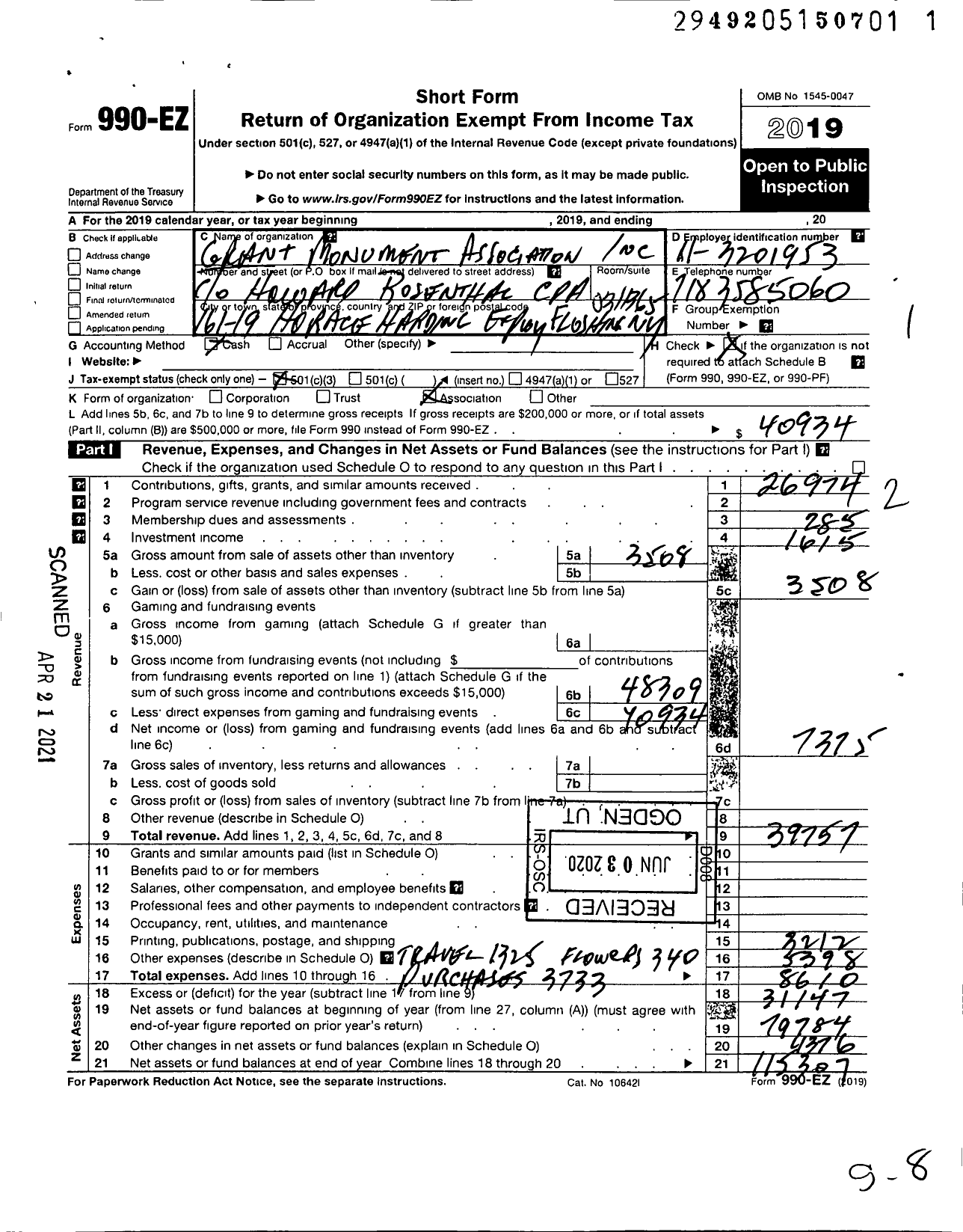 Image of first page of 2019 Form 990EZ for Grant Monument Association