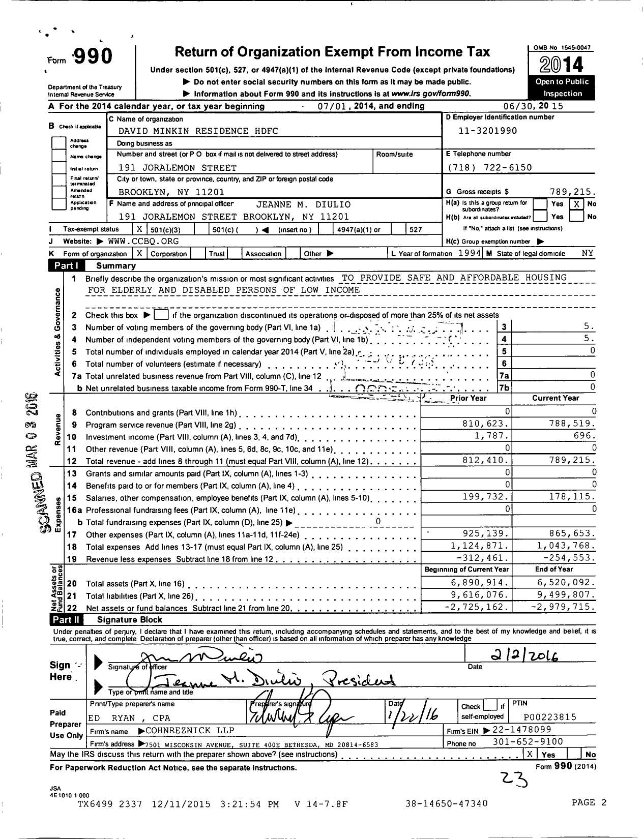 Image of first page of 2014 Form 990 for David Minkin Residence HDFC