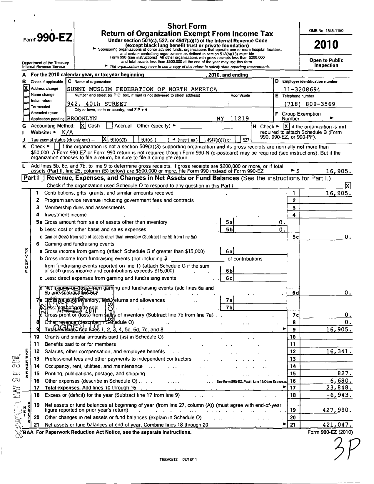 Image of first page of 2010 Form 990EZ for Sunni Muslim Federation of North America