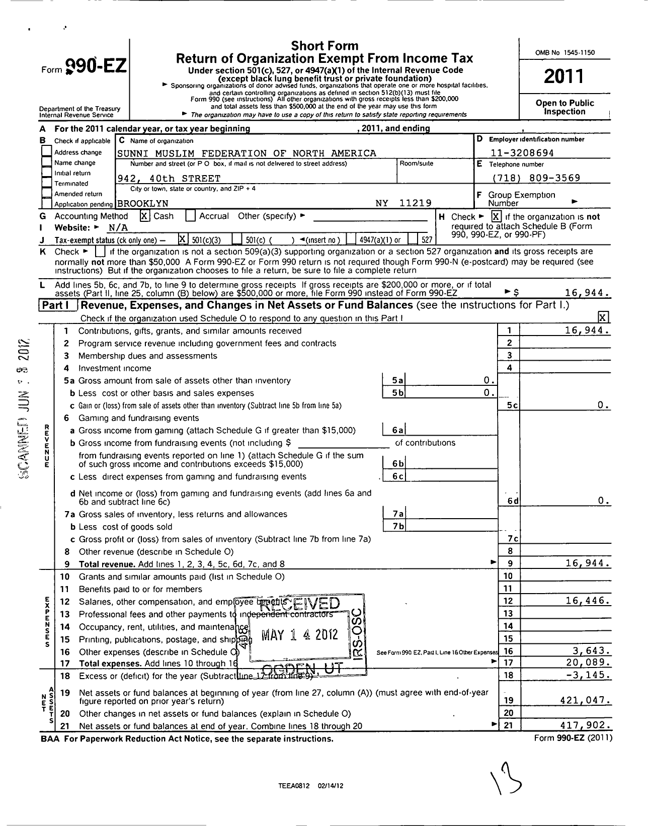 Image of first page of 2011 Form 990EZ for Sunni Muslim Federation of North America