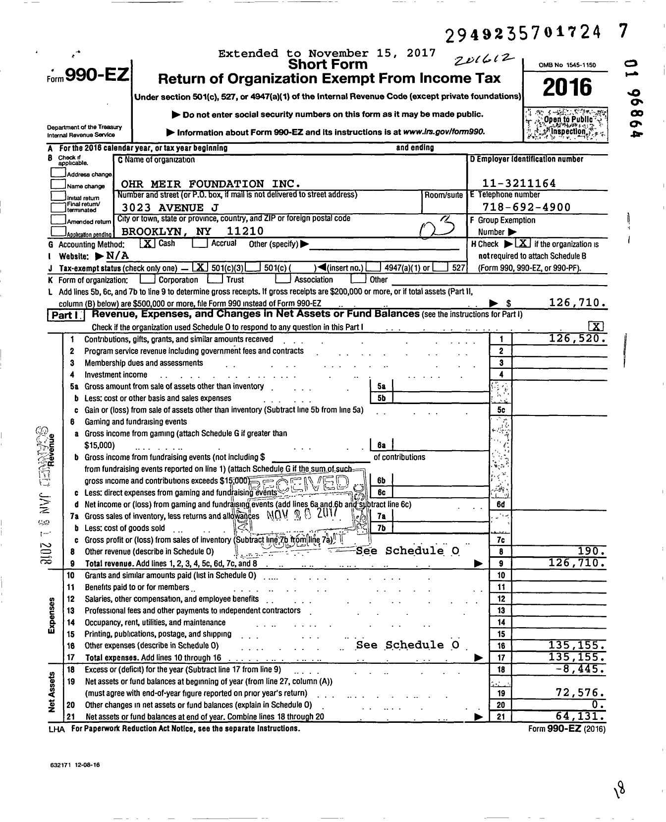 Image of first page of 2016 Form 990EZ for Ohr Meir Foundation