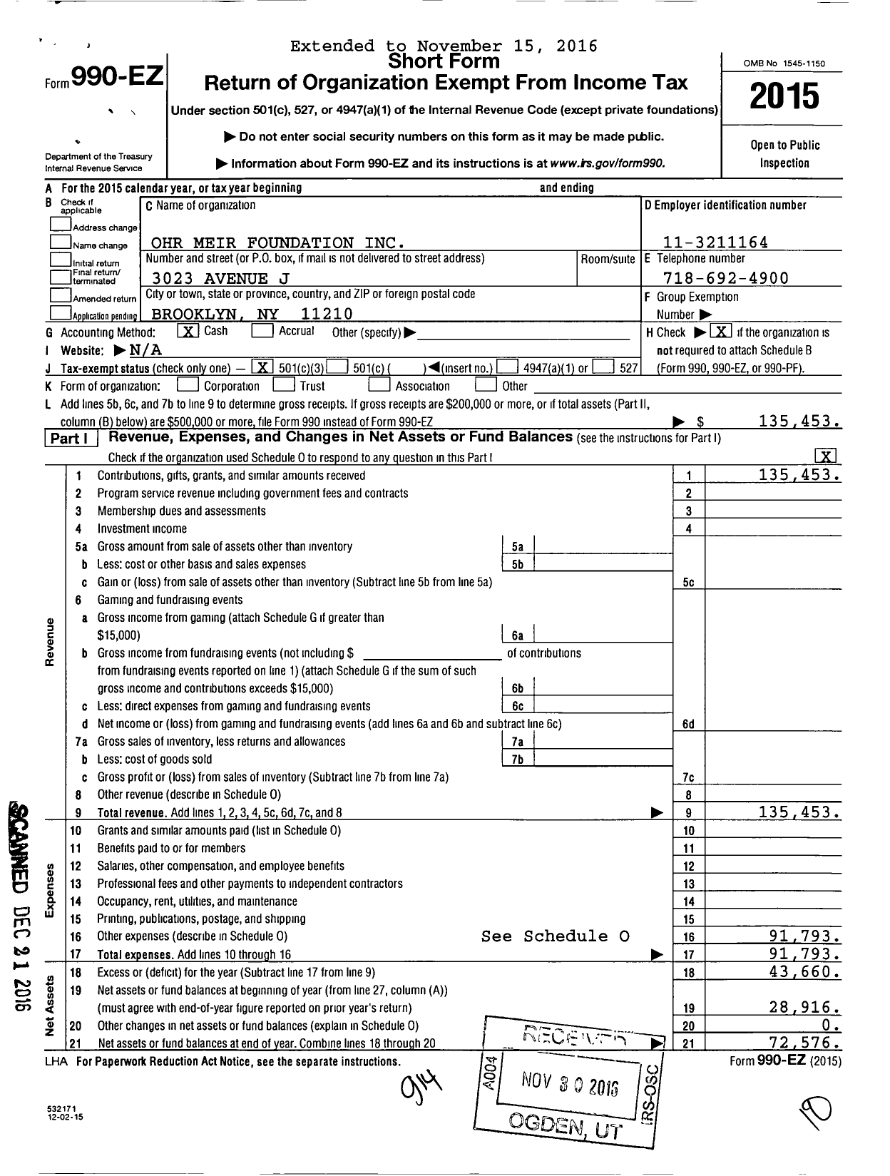 Image of first page of 2015 Form 990EZ for Ohr Meir Foundation