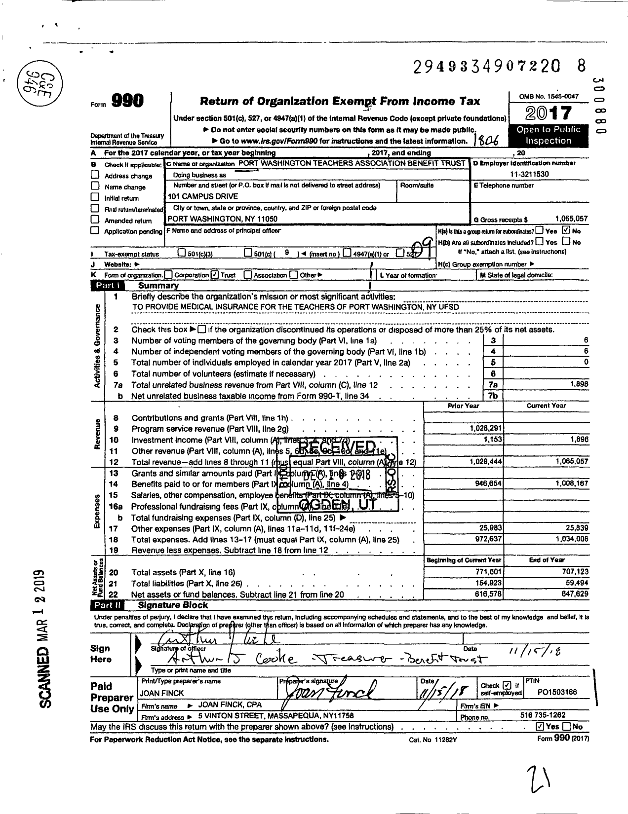 Image of first page of 2017 Form 990O for Port Washington Teachers Association Benefit Trust