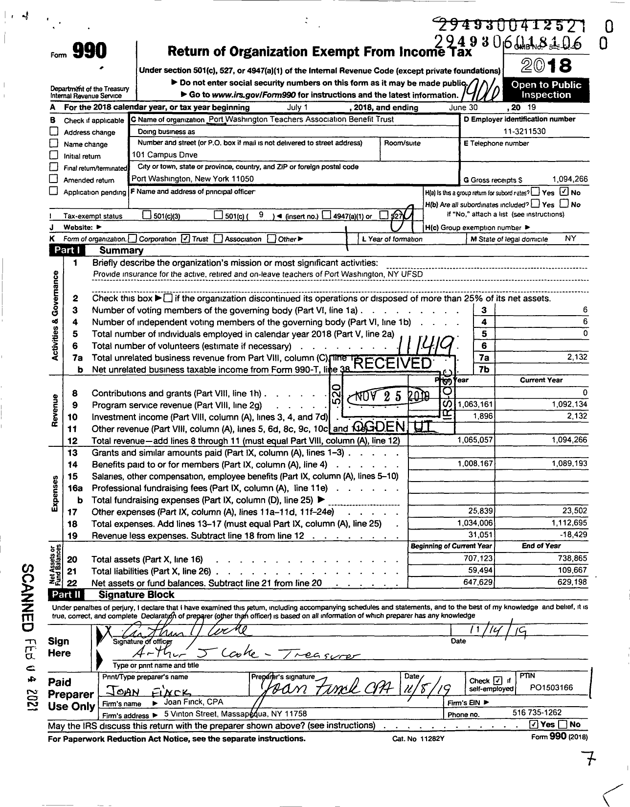 Image of first page of 2018 Form 990O for Port Washington Teachers Benefit Association Trust