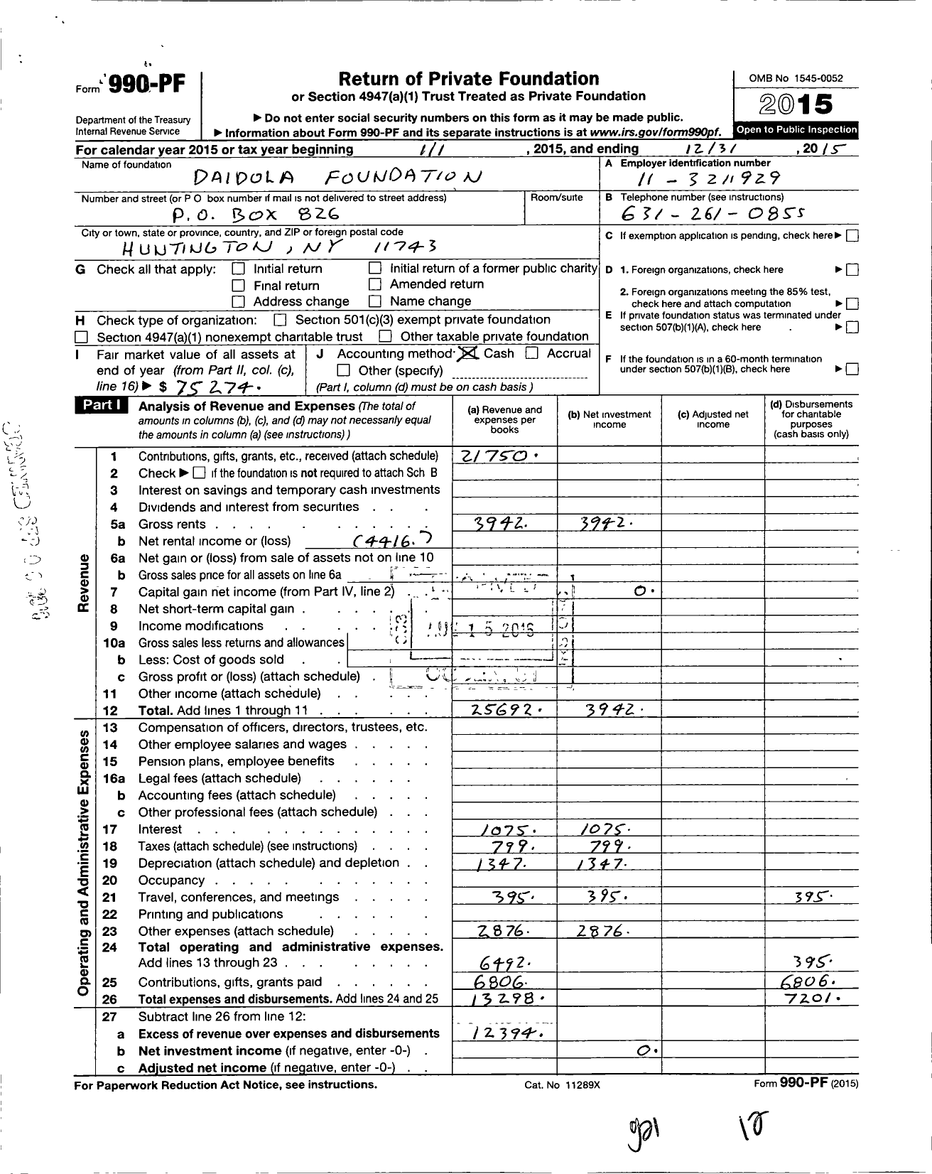 Image of first page of 2015 Form 990PF for Daidola Foundation