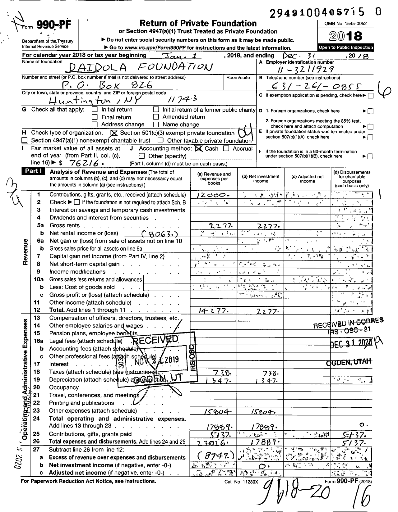 Image of first page of 2018 Form 990PR for Daidola Foundation