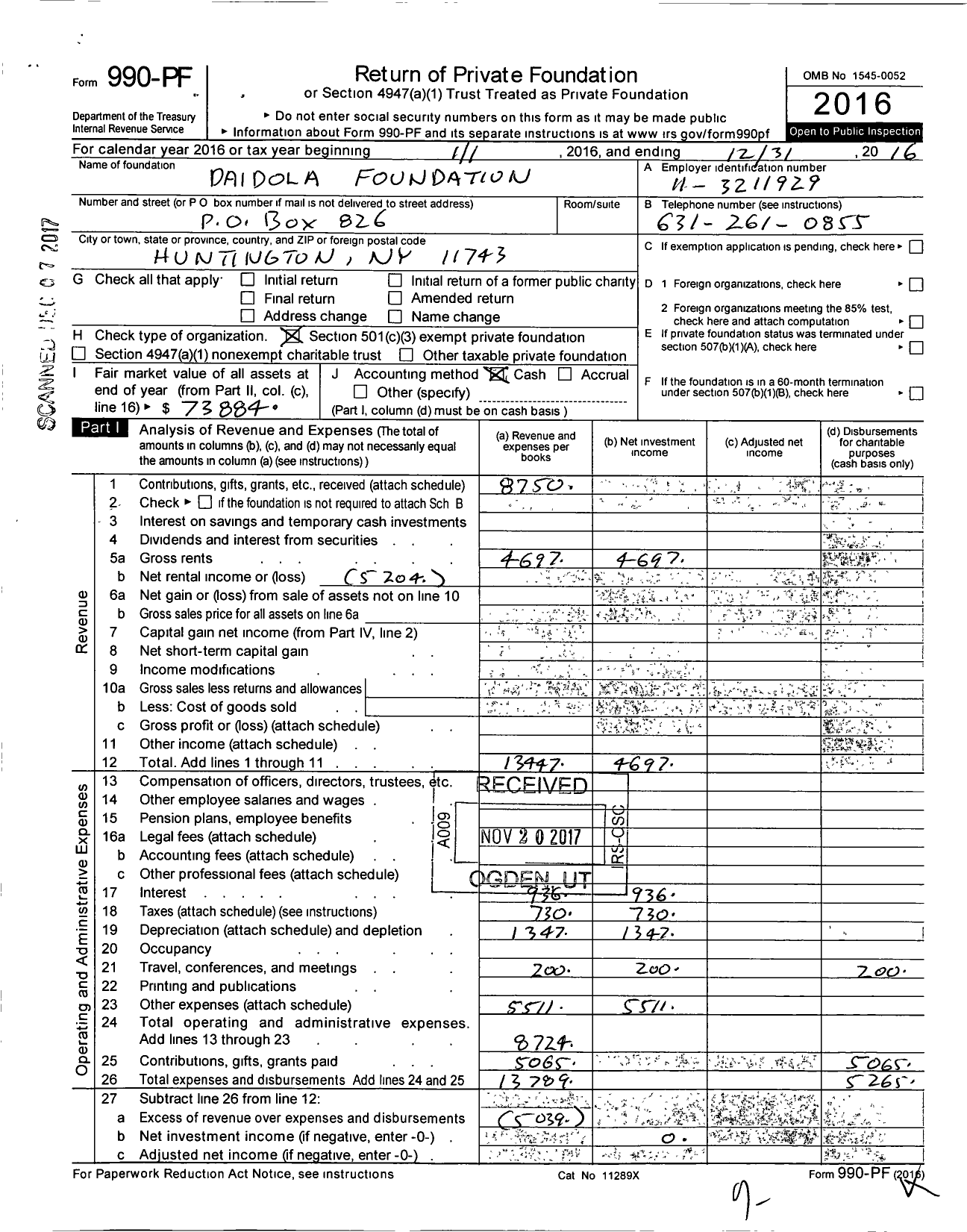 Image of first page of 2016 Form 990PF for Daidola Foundation