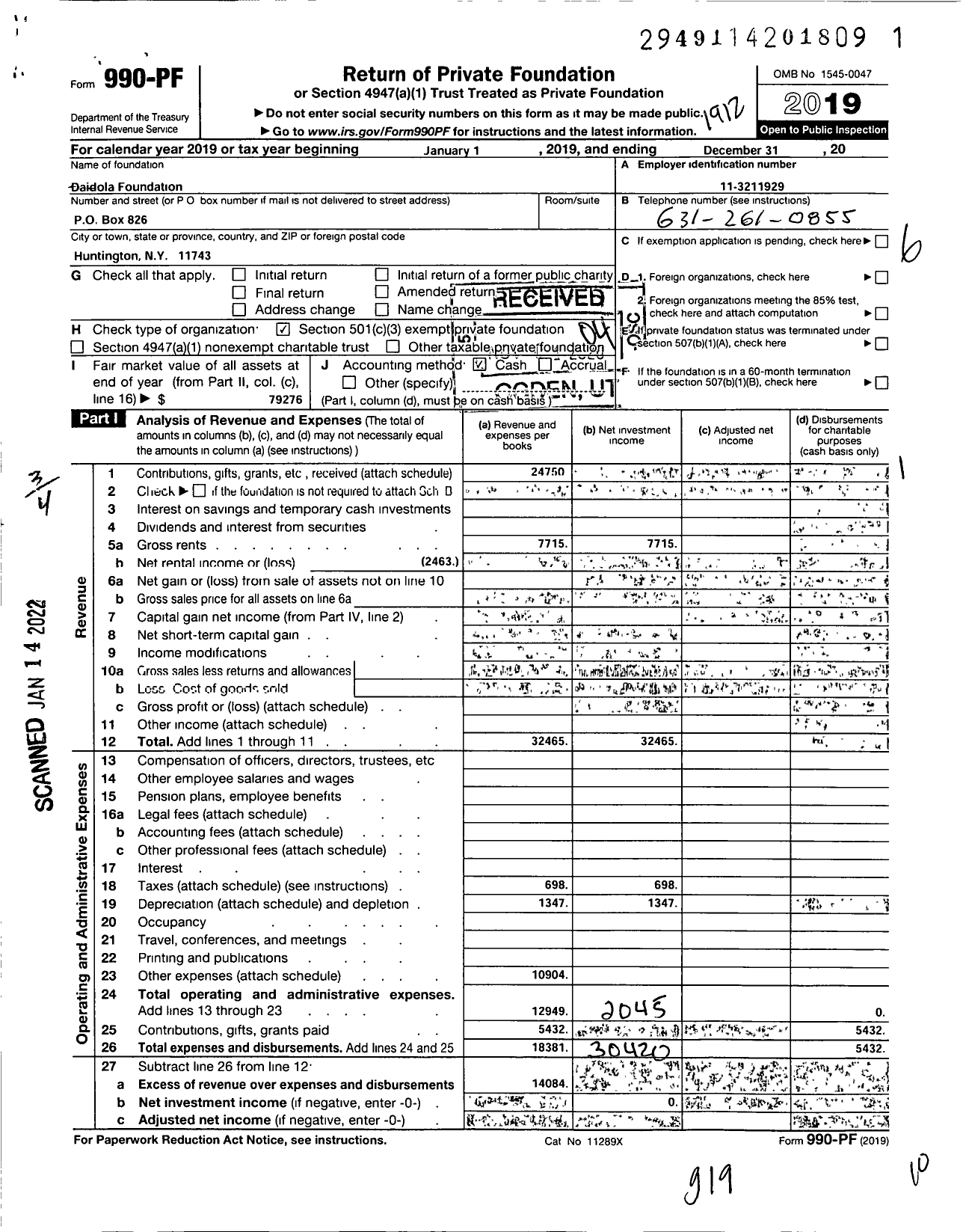 Image of first page of 2019 Form 990PF for Daidola Foundation