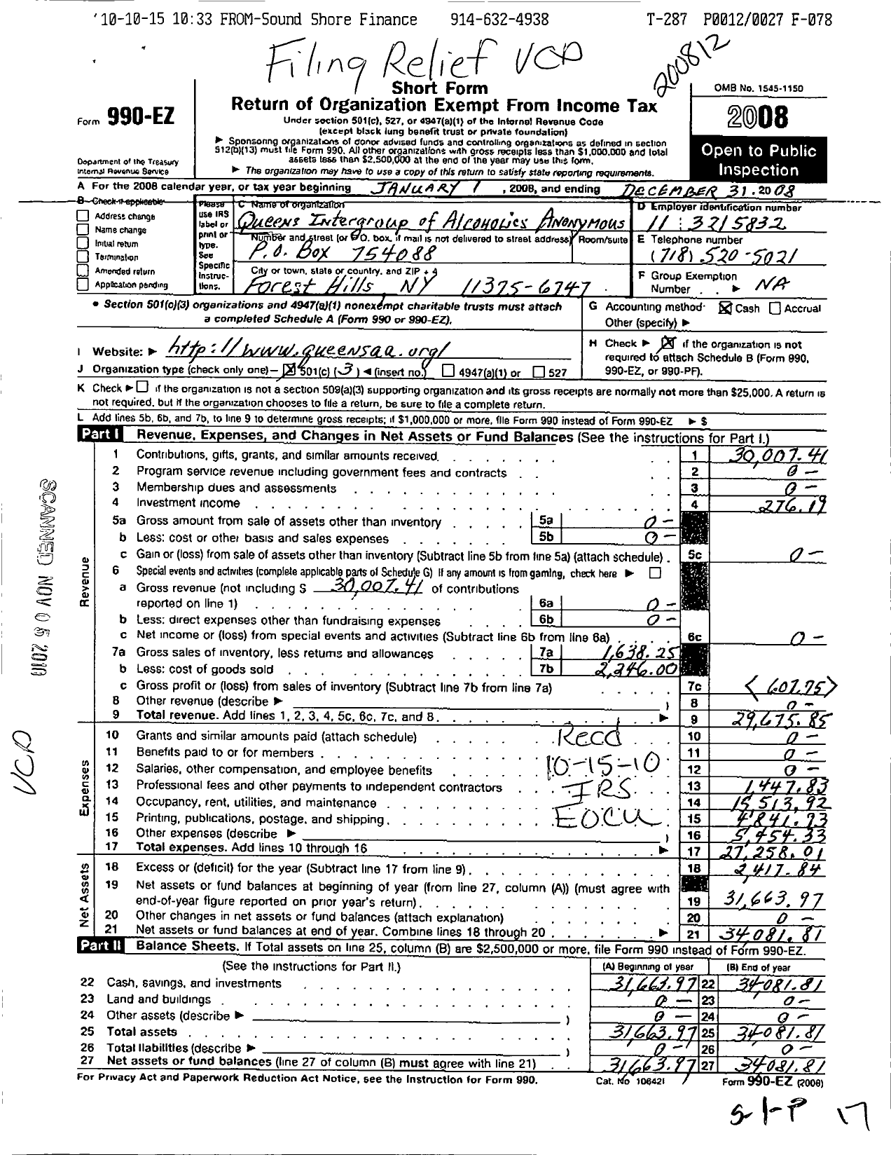 Image of first page of 2008 Form 990EZ for Queens Intergroup of Alcoholics Anonymous