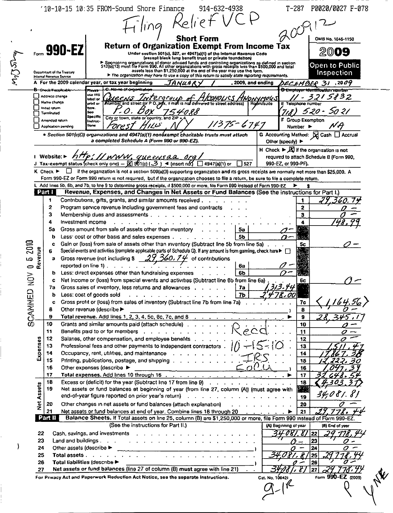 Image of first page of 2009 Form 990EZ for Queens Intergroup of Alcoholics Anonymous