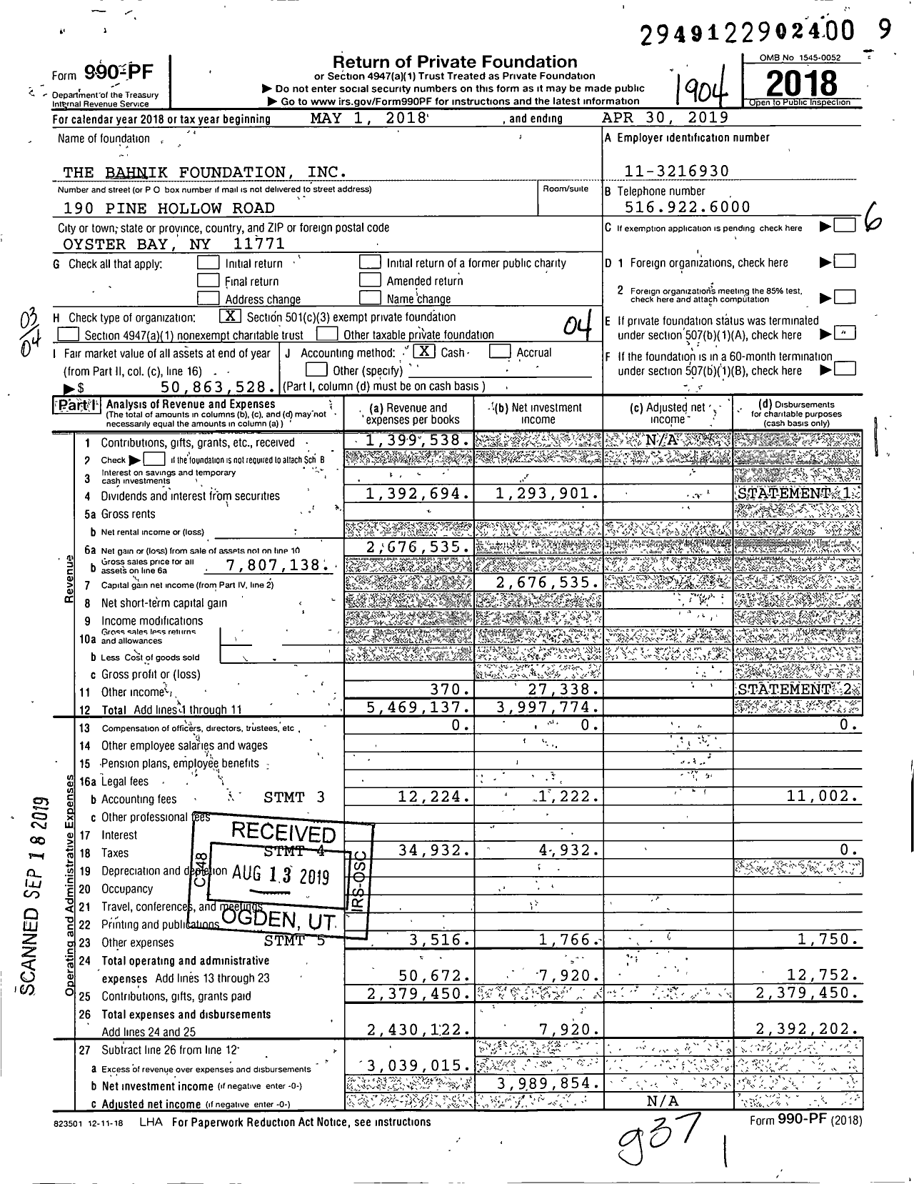 Image of first page of 2018 Form 990PF for The Bahnik Foundation