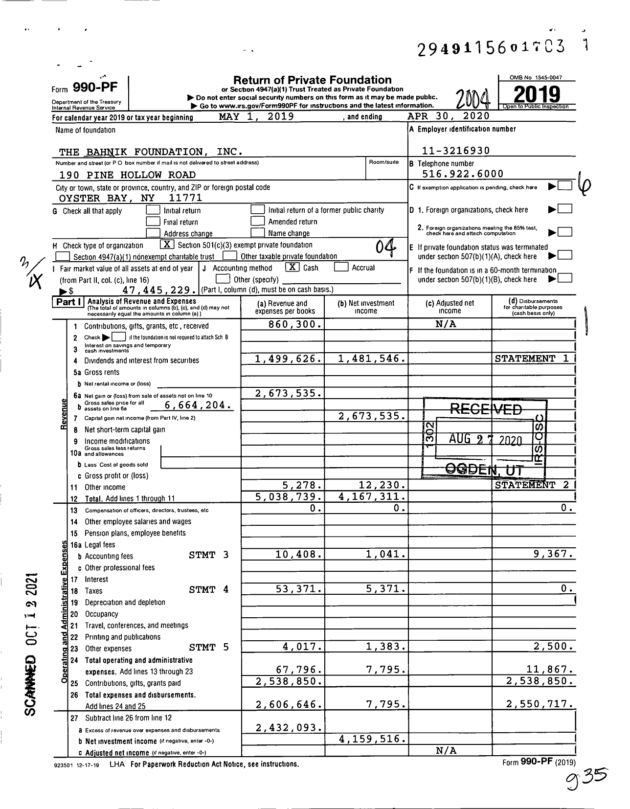 Image of first page of 2019 Form 990PF for The Bahnik Foundation