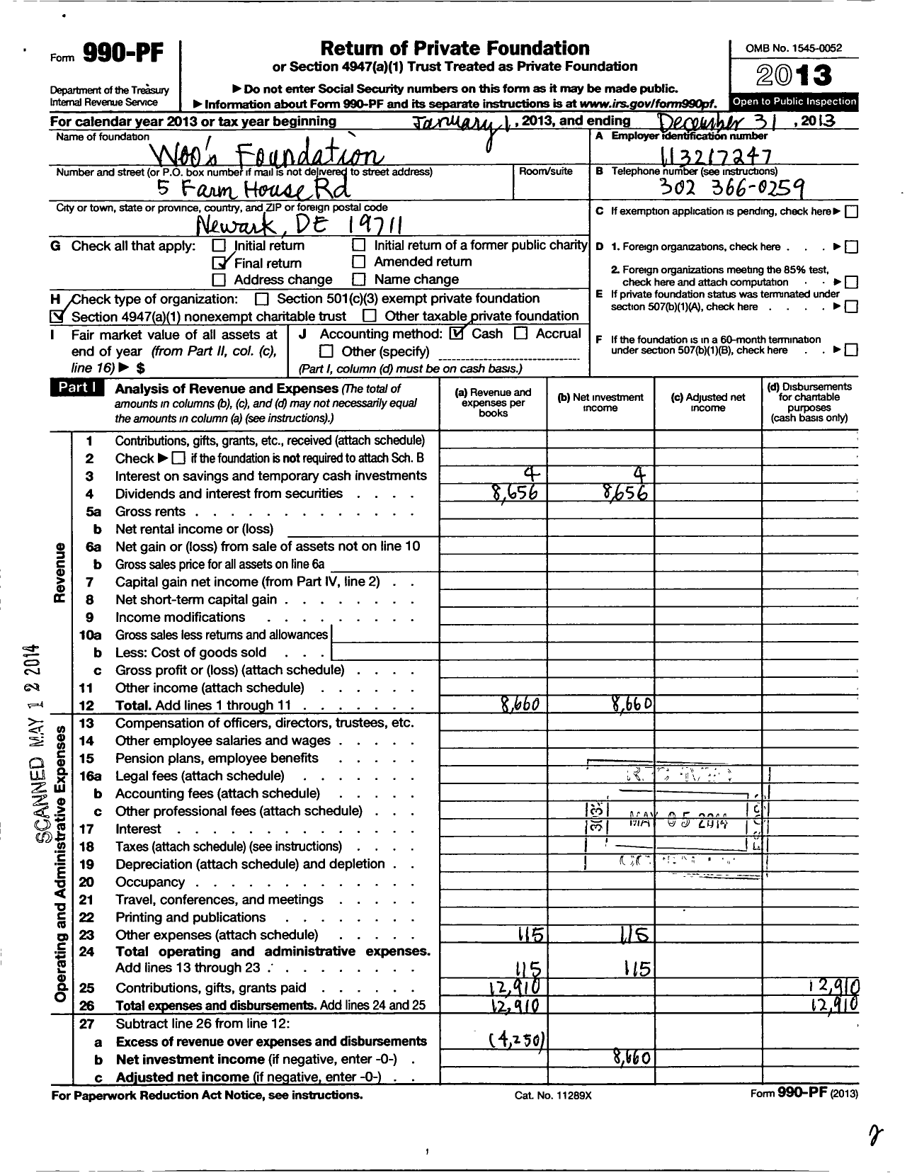 Image of first page of 2013 Form 990PF for Woos Foundation