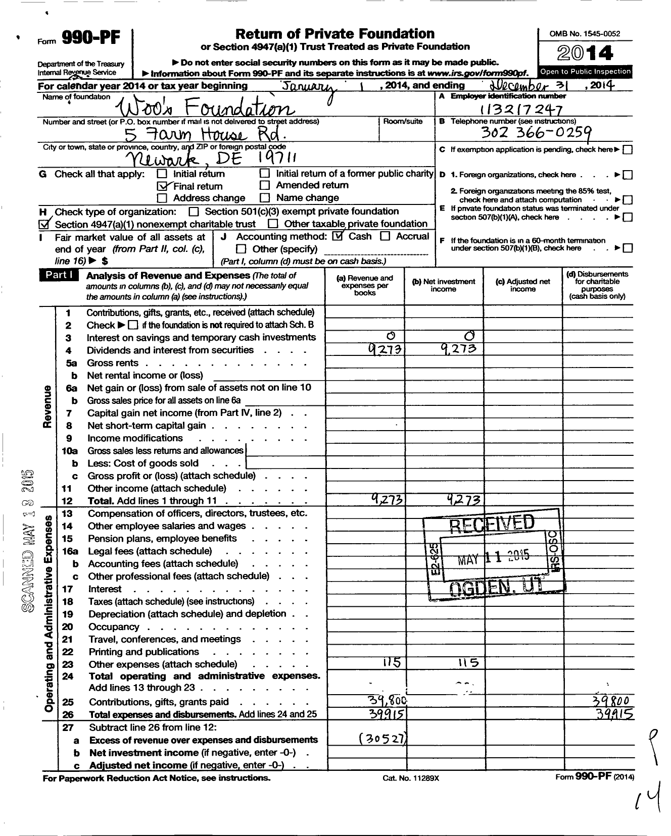 Image of first page of 2014 Form 990PF for Woos Foundation