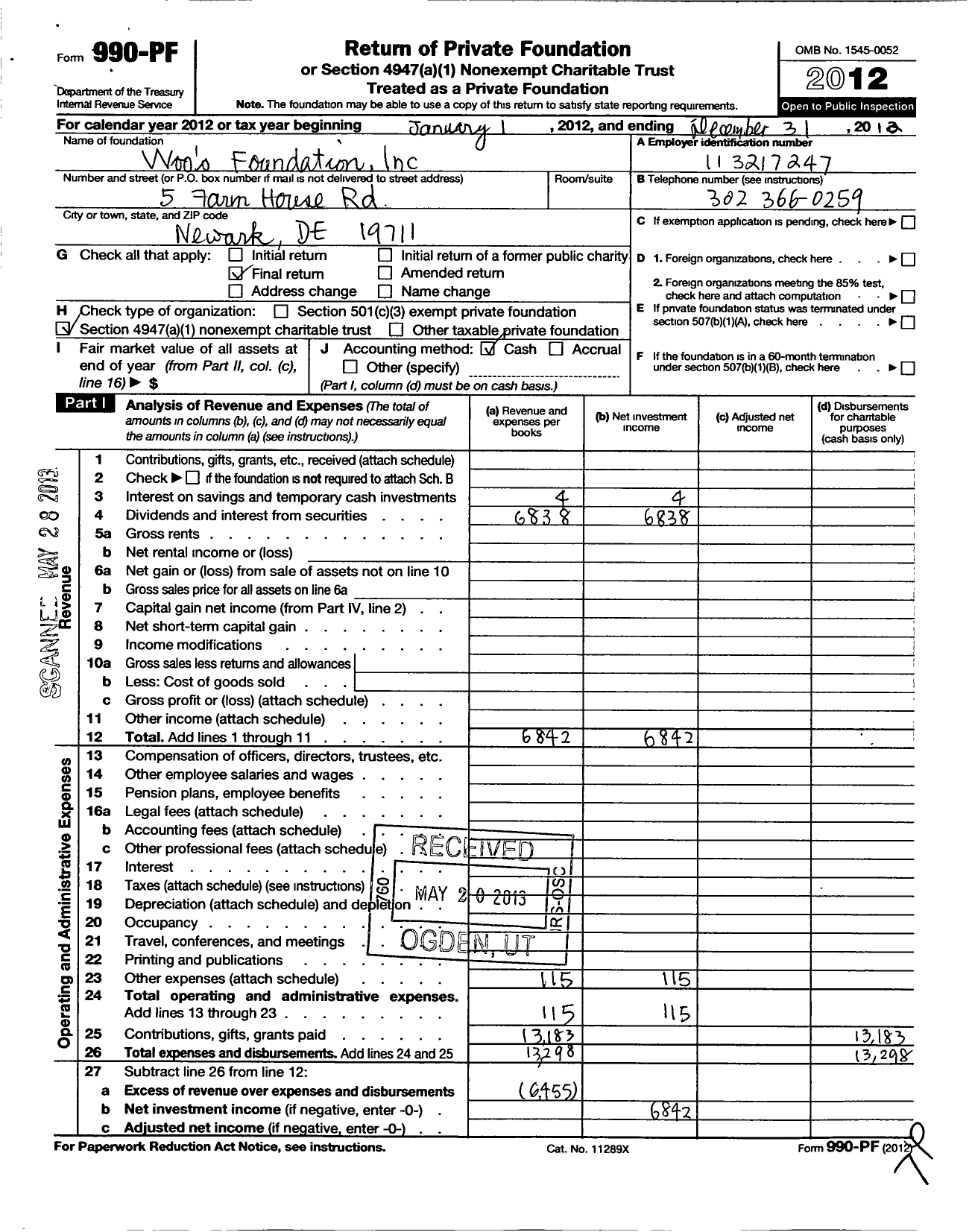 Image of first page of 2012 Form 990PF for Woos Foundation