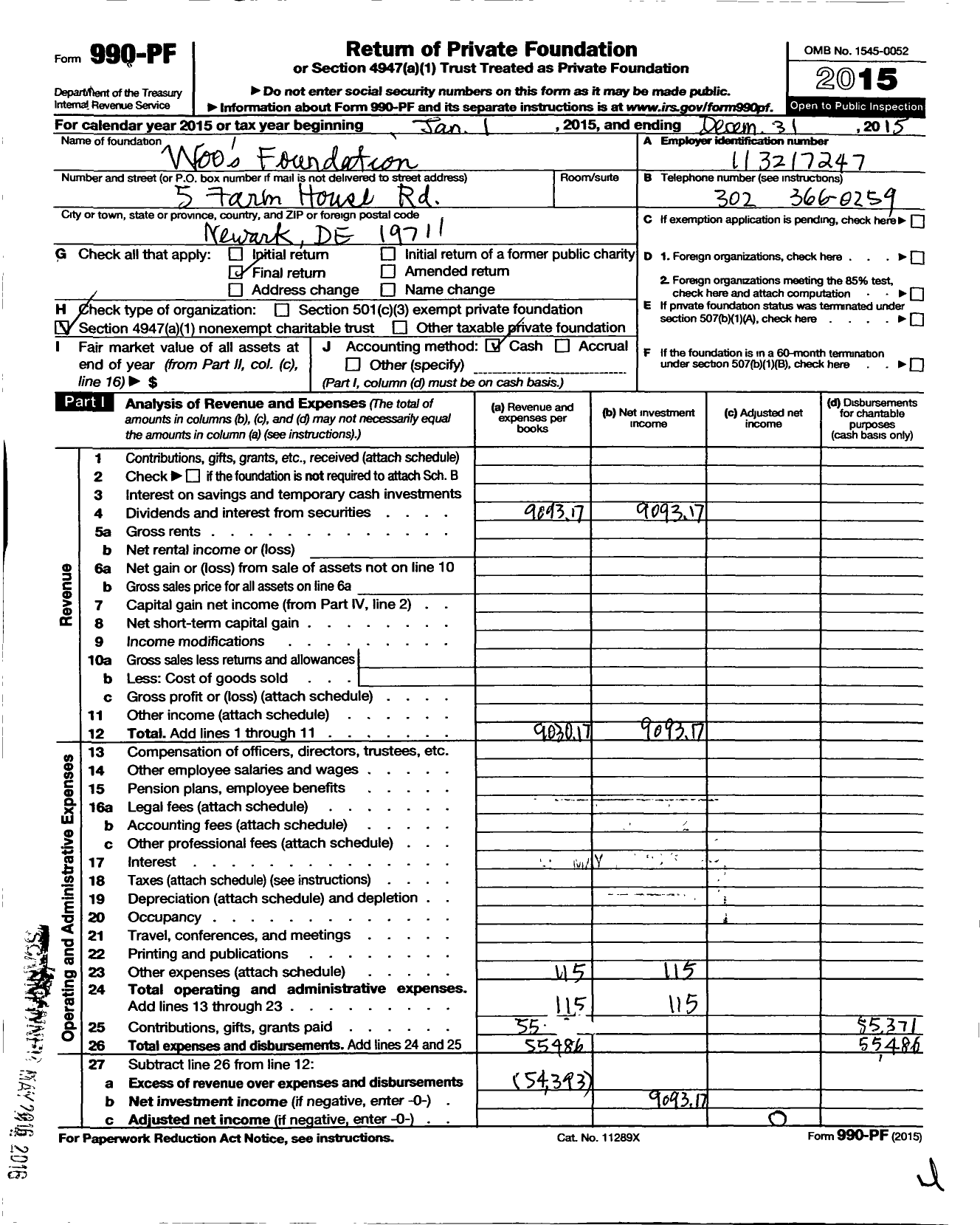 Image of first page of 2015 Form 990PF for Woos Foundation