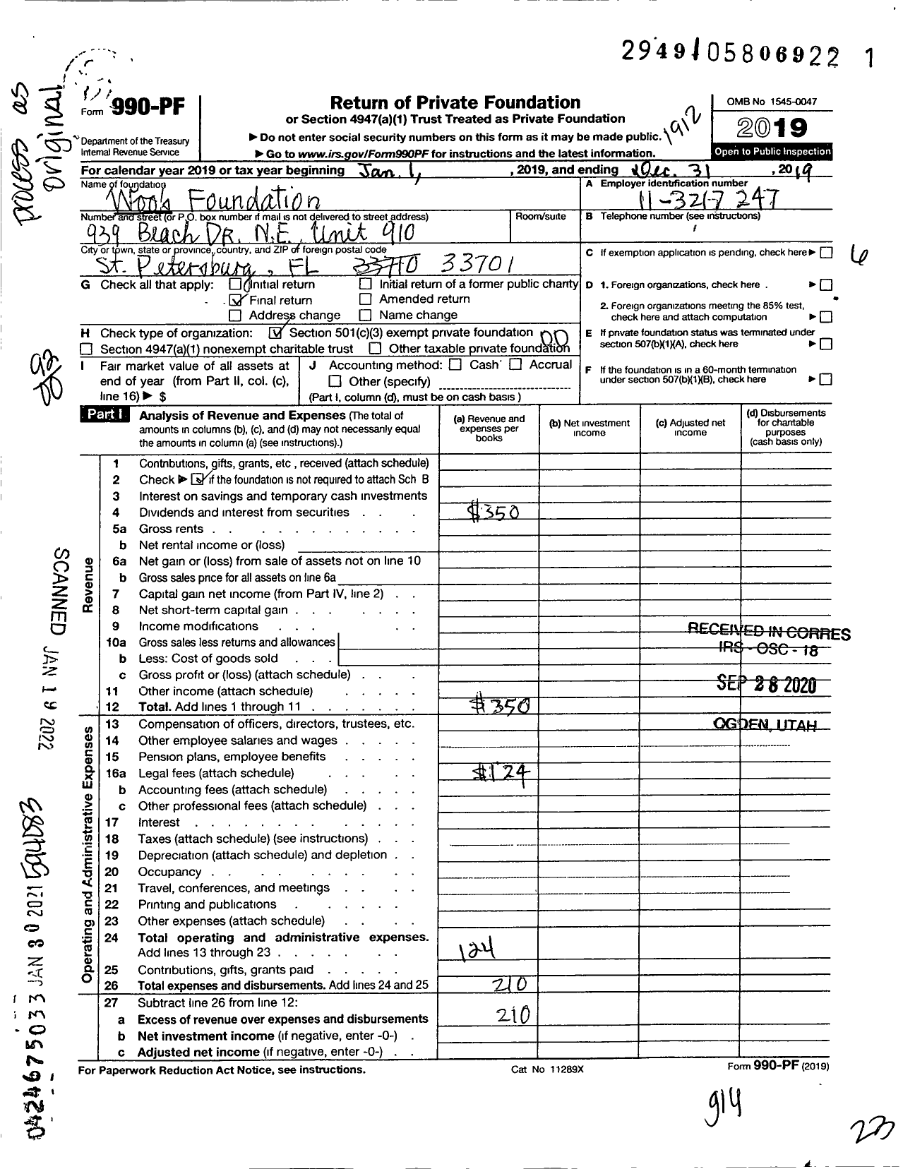 Image of first page of 2019 Form 990PF for Woos Foundation