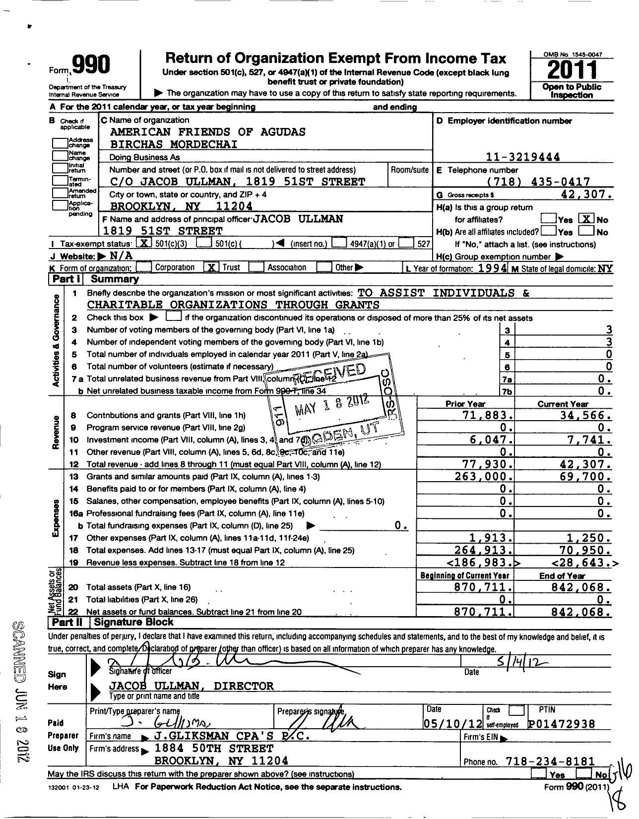 Image of first page of 2011 Form 990 for American Friends of Agudas Birchas Mordechai