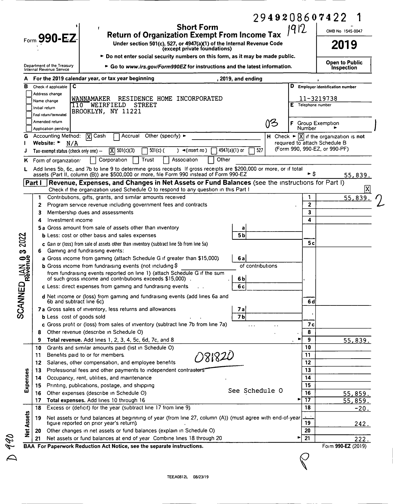 Image of first page of 2019 Form 990EZ for Wannamaker Residence Home Incorporated