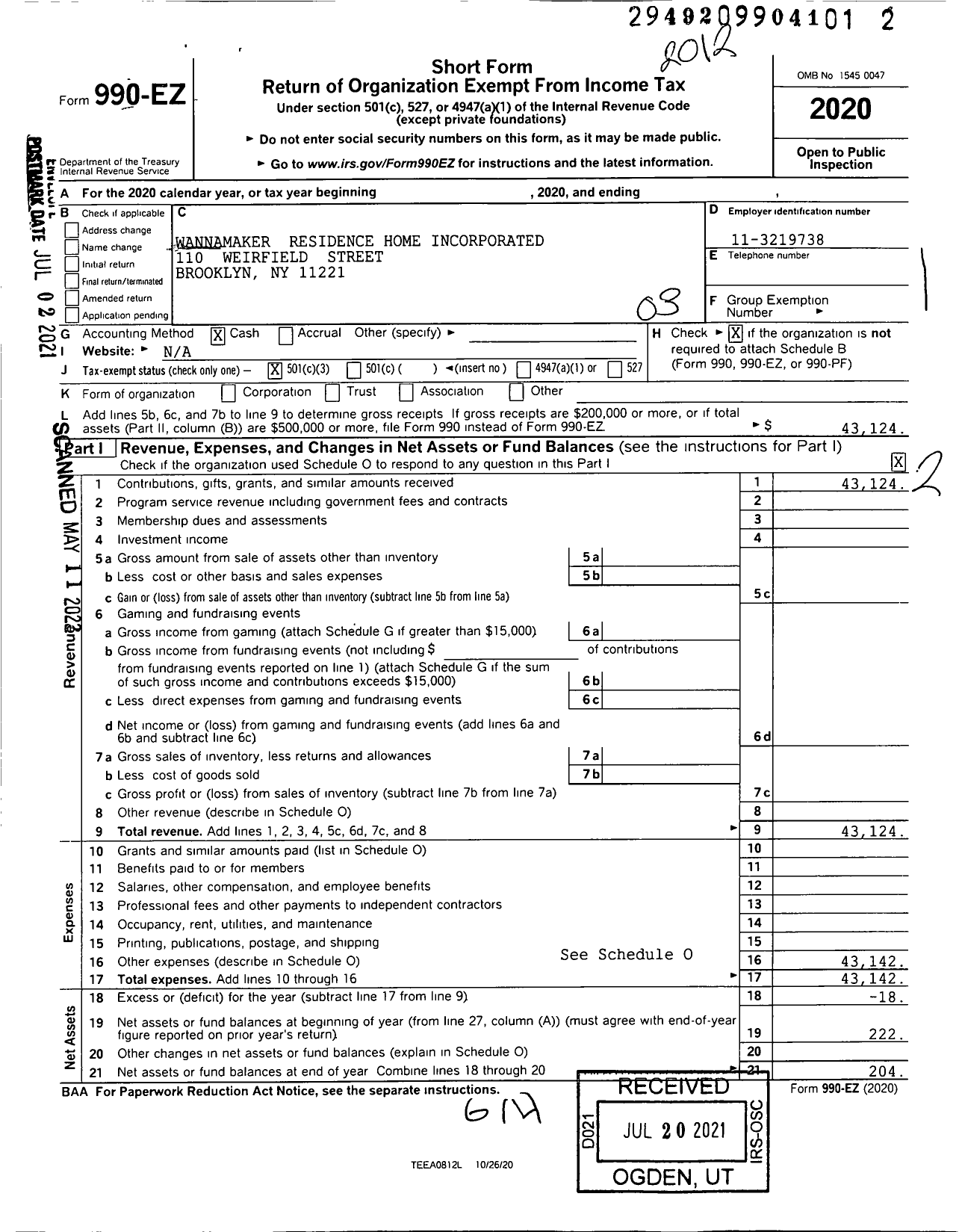 Image of first page of 2020 Form 990EZ for Wannamaker Residence Home Incorporated