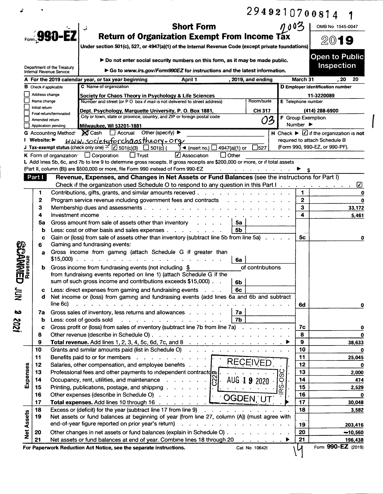 Image of first page of 2019 Form 990EZ for The Society for Chaos Theory in Psychology and Life Sciences