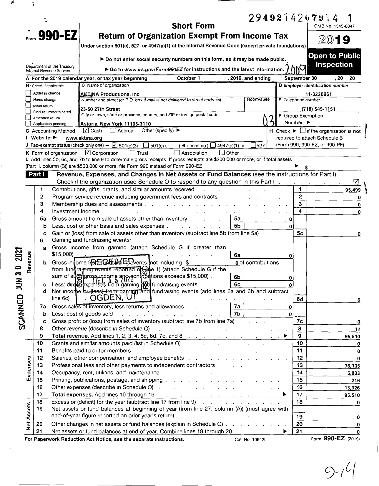 Image of first page of 2019 Form 990EZ for Aktina Productions