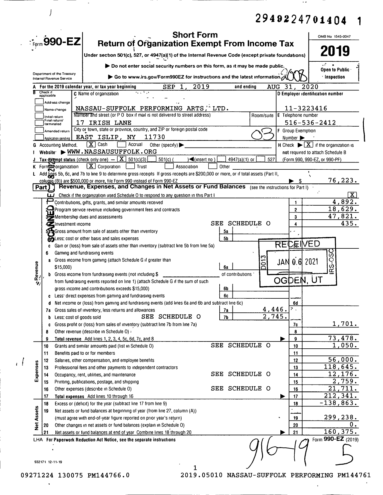 Image of first page of 2019 Form 990EZ for Nassau-Suffolk Performing Arts