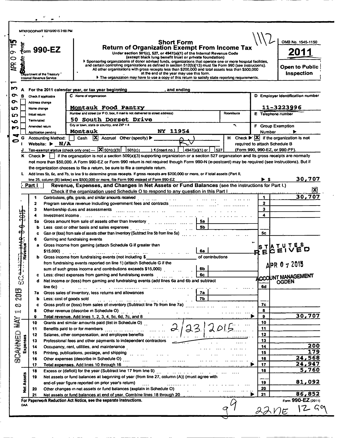 Image of first page of 2011 Form 990EZ for Montauk Food Pantry