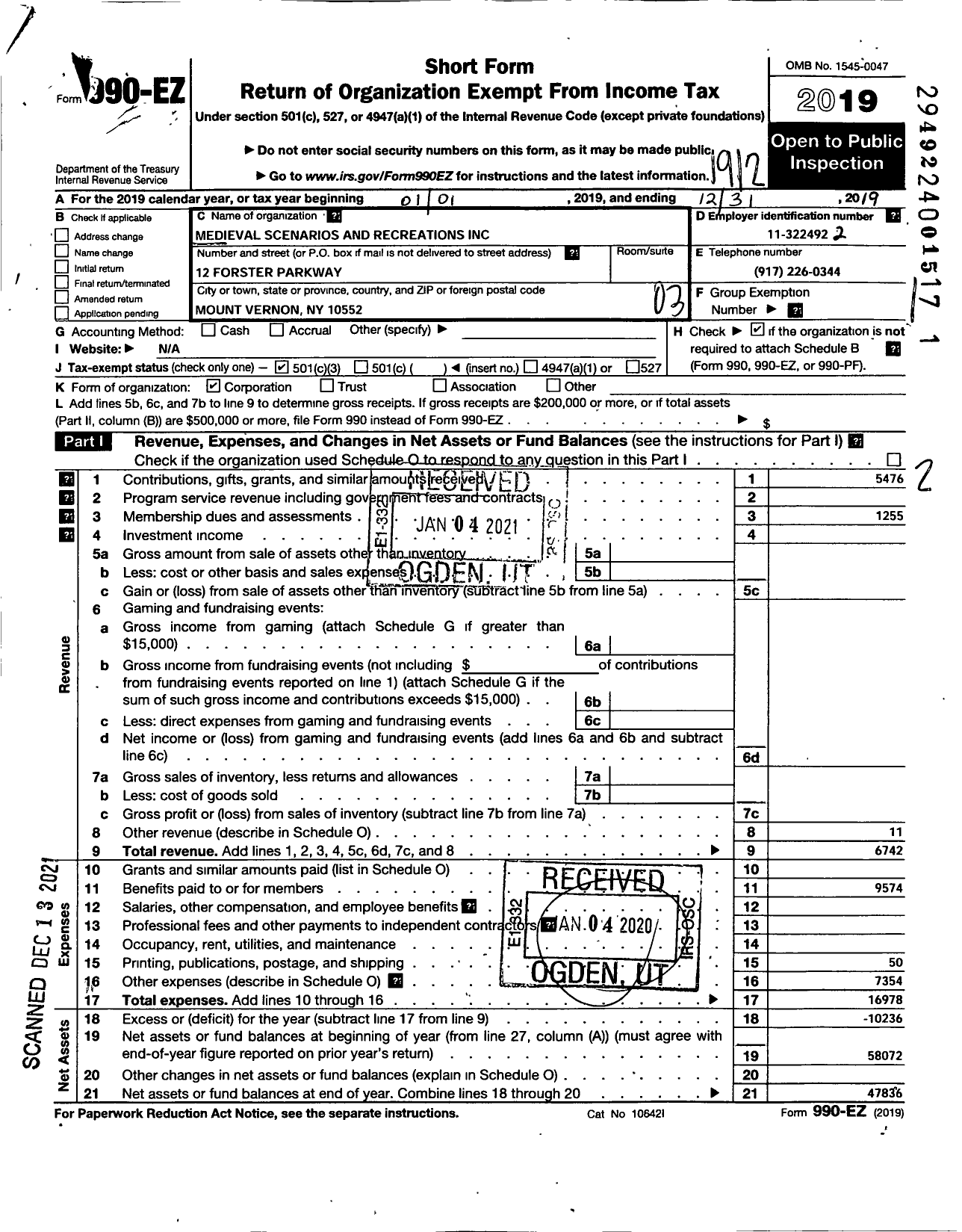 Image of first page of 2019 Form 990EZ for Medieval Scenarios and Recreations