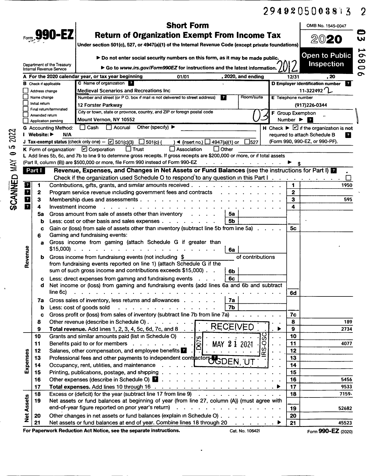 Image of first page of 2020 Form 990EZ for Medieval Scenarios and Recreations