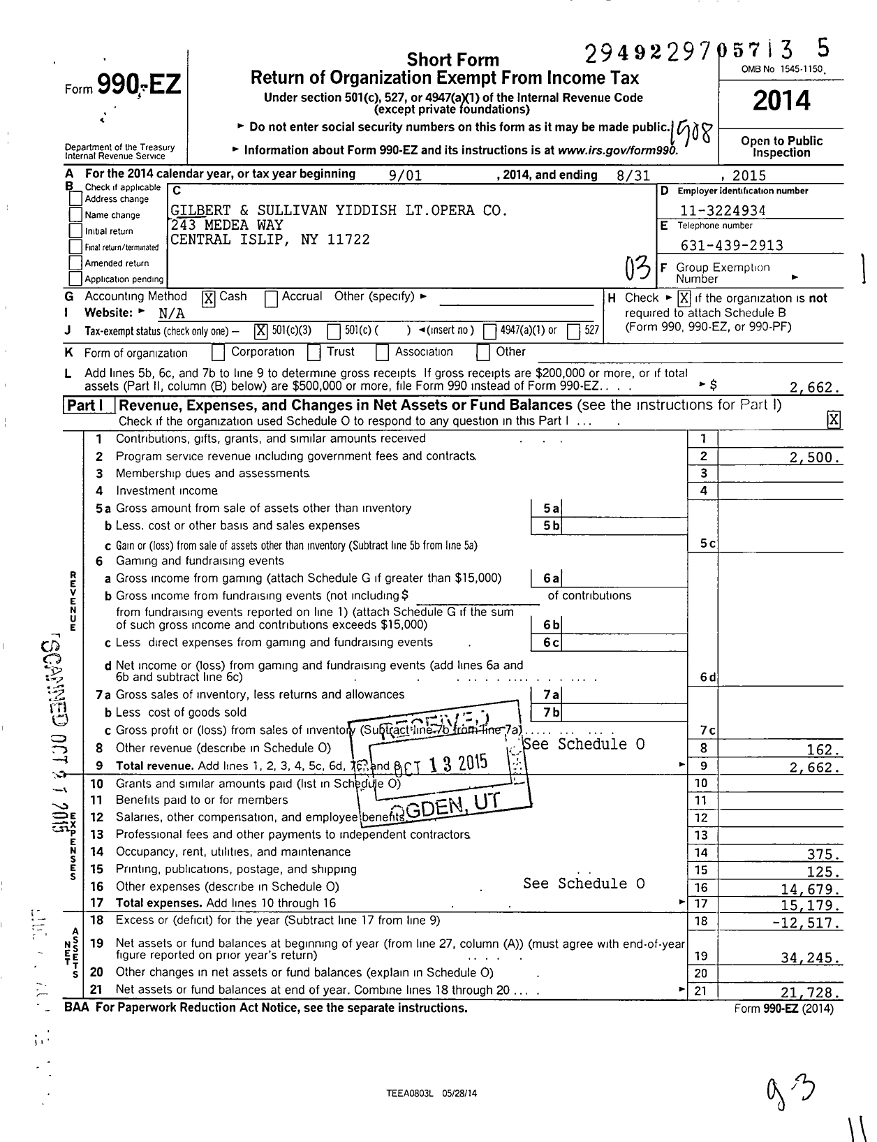 Image of first page of 2014 Form 990EZ for Gilbert and Sullivan Yiddish LT Opera