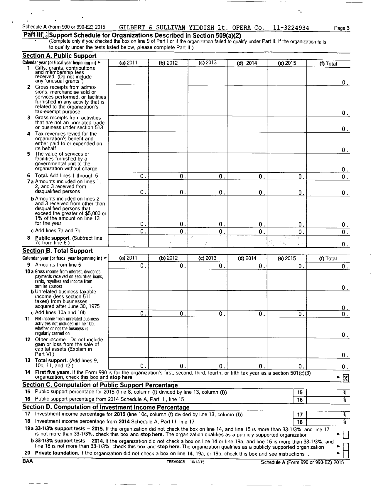 Image of first page of 2015 Form 990ER for Gilbert and Sullivan Yiddish LT Opera