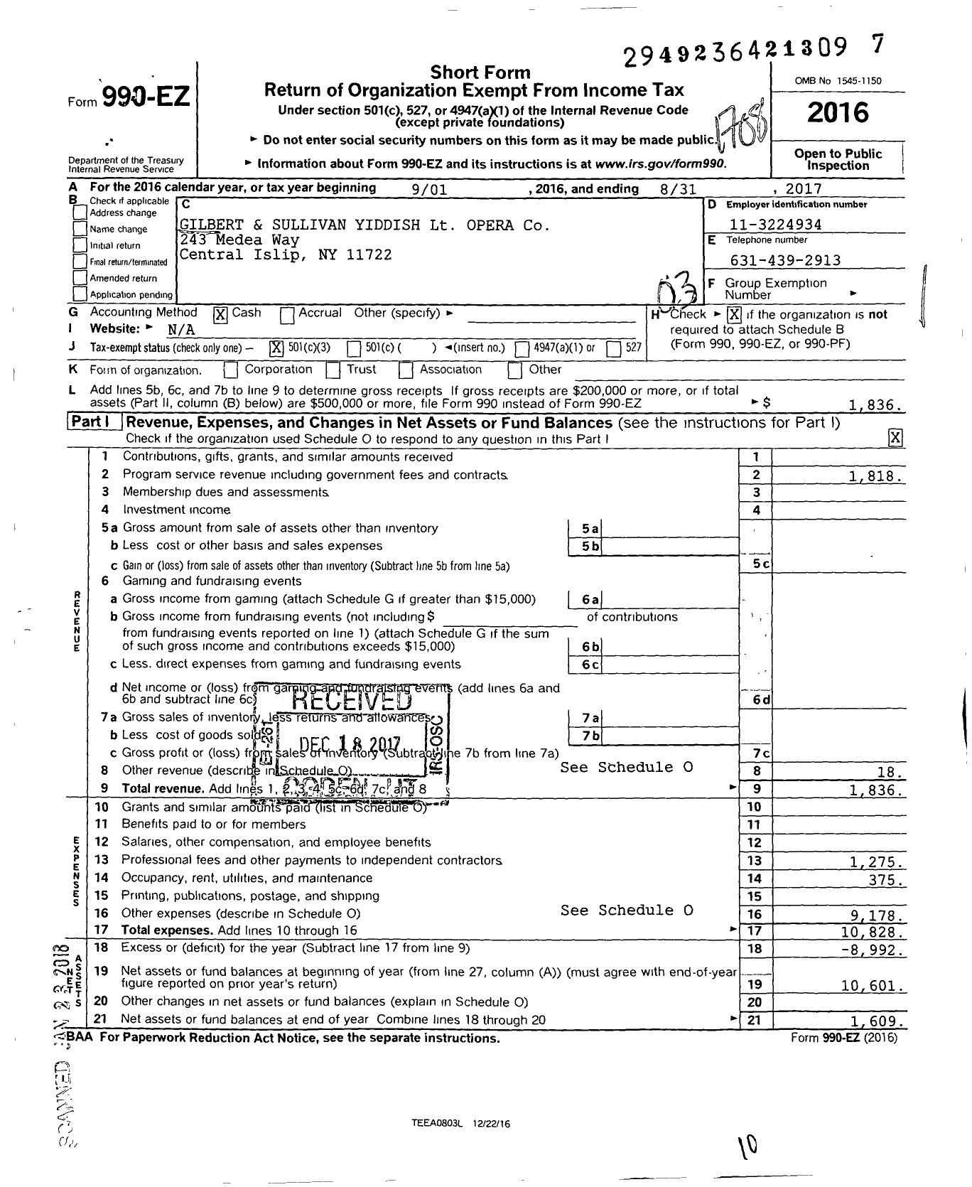 Image of first page of 2016 Form 990EZ for Gilbert and Sullivan Yiddish LT Opera