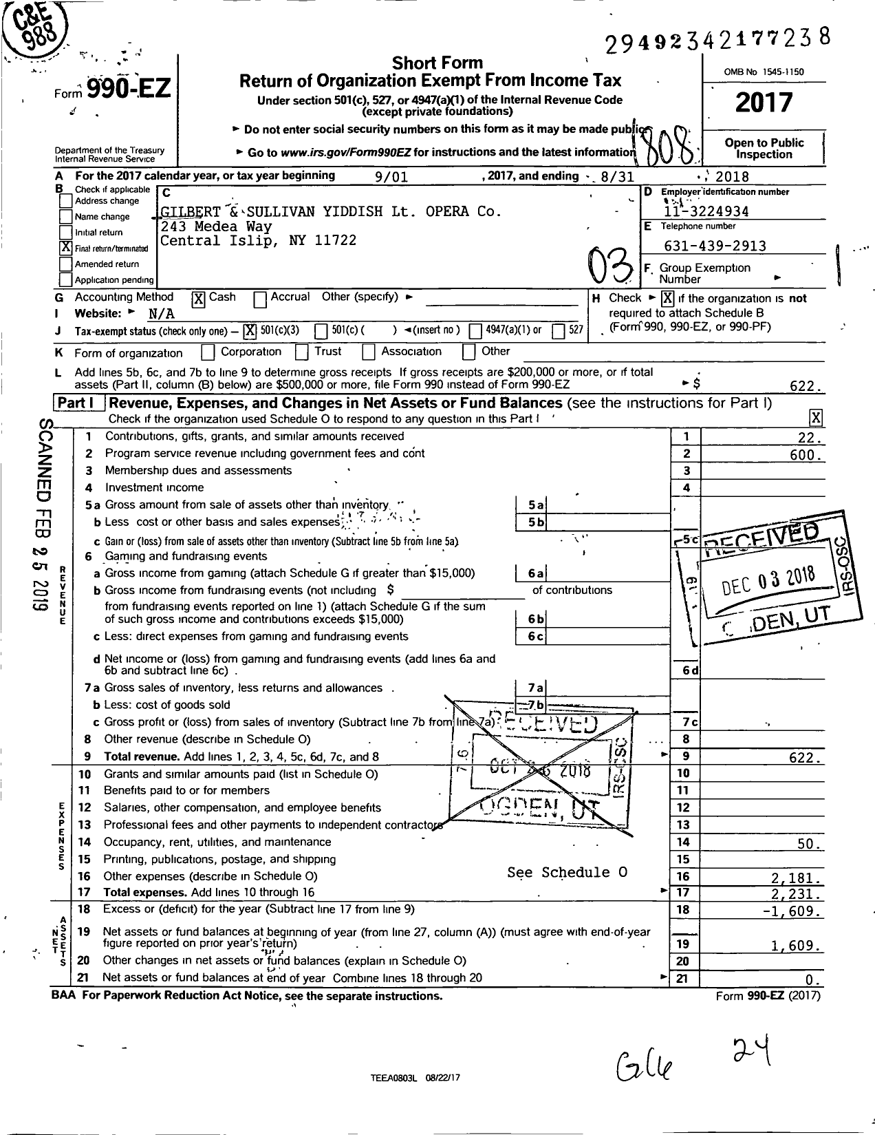 Image of first page of 2017 Form 990EZ for Gilbert and Sullivan Yiddish LT Opera