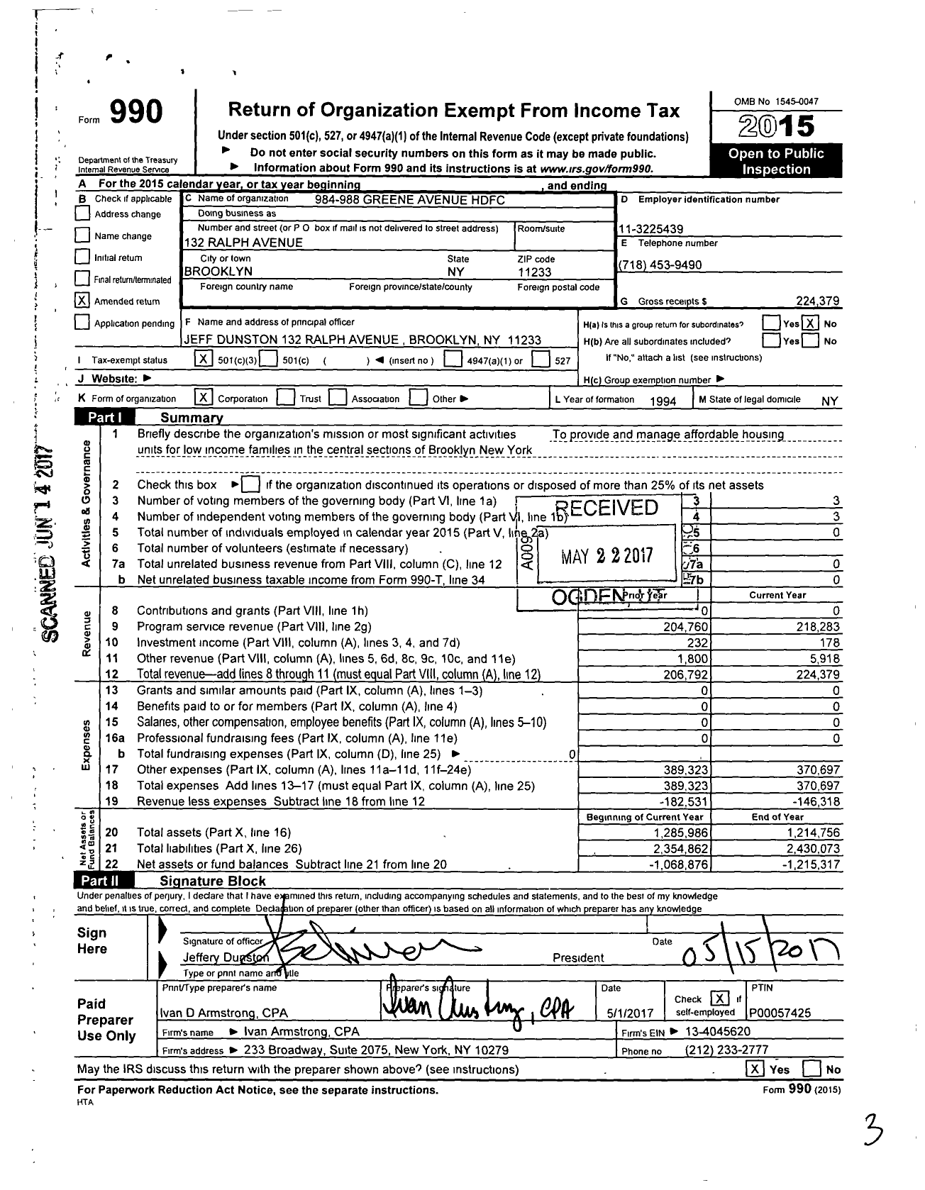 Image of first page of 2015 Form 990 for 984-988 Greene Avenue HDFC