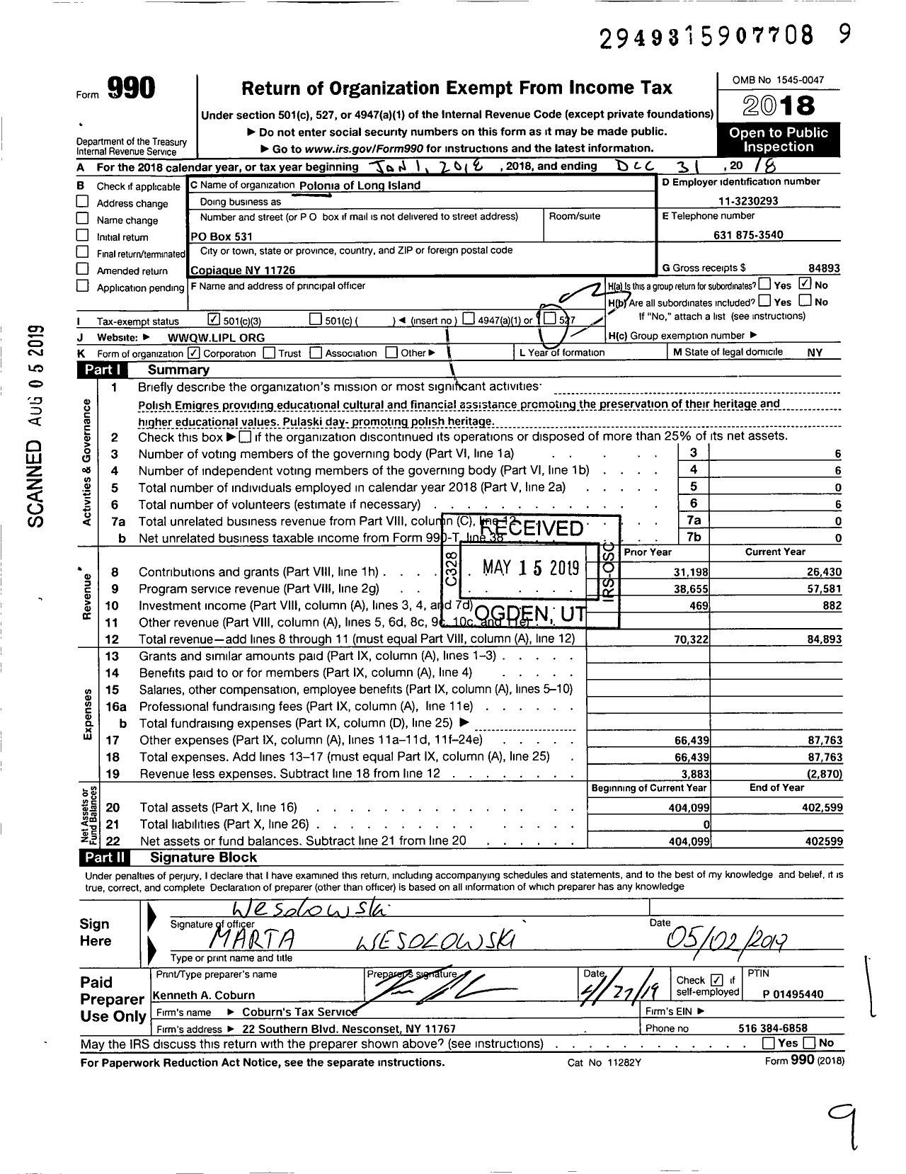 Image of first page of 2018 Form 990 for Polonia of Long Island