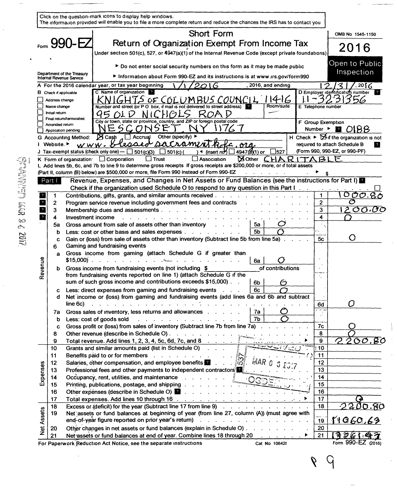 Image of first page of 2016 Form 990EO for Knights of Columbus - 11416 Blessed Sacrament Council