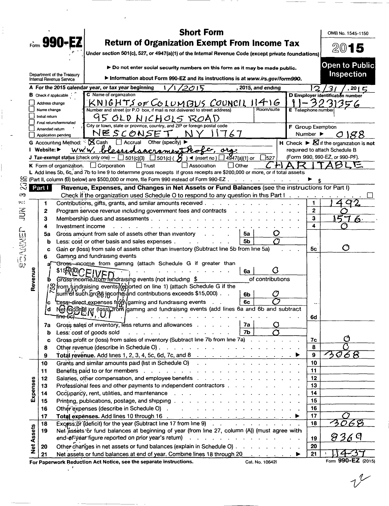 Image of first page of 2015 Form 990EO for Knights of Columbus - 11416 Blessed Sacrament Council