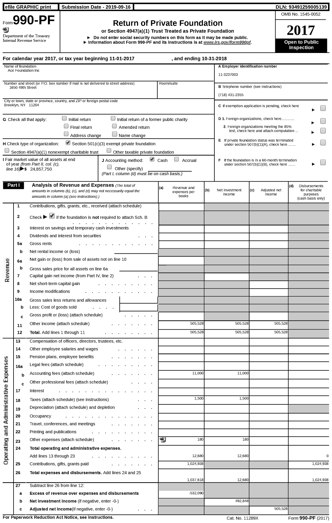 Image of first page of 2017 Form 990PF for Ace Foundation
