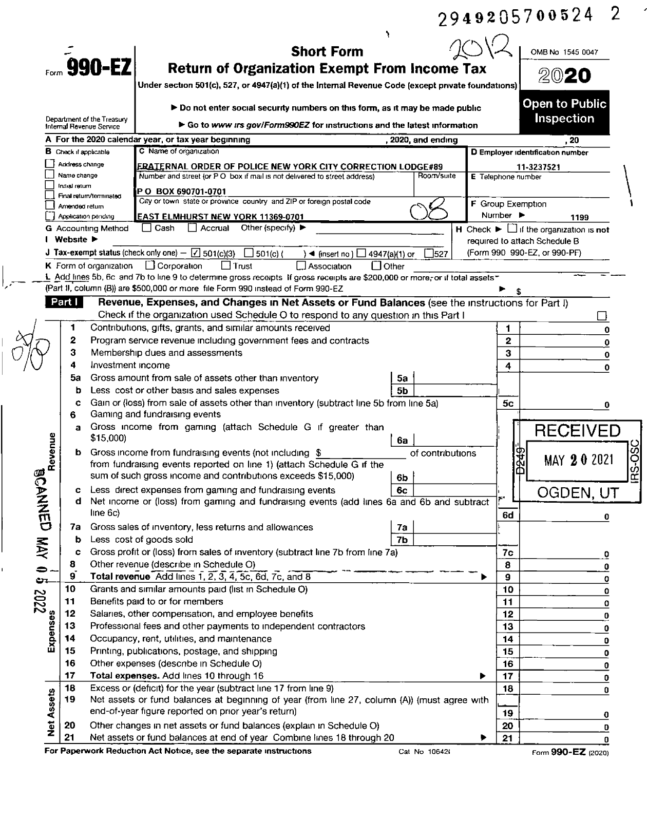 Image of first page of 2020 Form 990EO for Fraternal Order of Police - 89 Rikers Island Fop