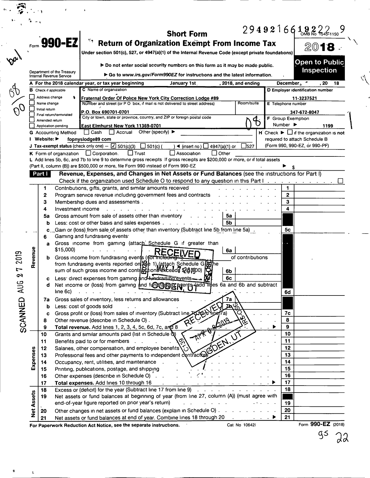 Image of first page of 2018 Form 990EO for Fraternal Order of Police - 89 Rikers Island Fop