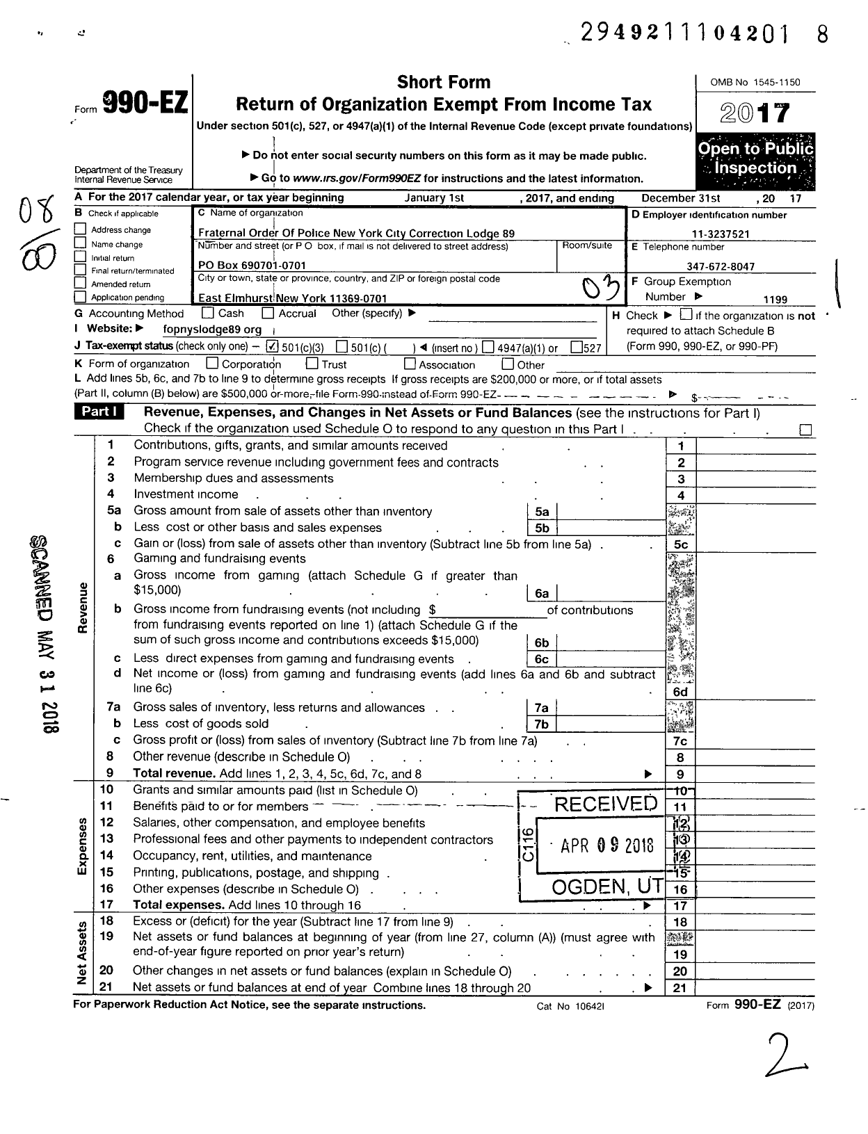 Image of first page of 2017 Form 990EO for Fraternal Order of Police - 89 Rikers Island Fop