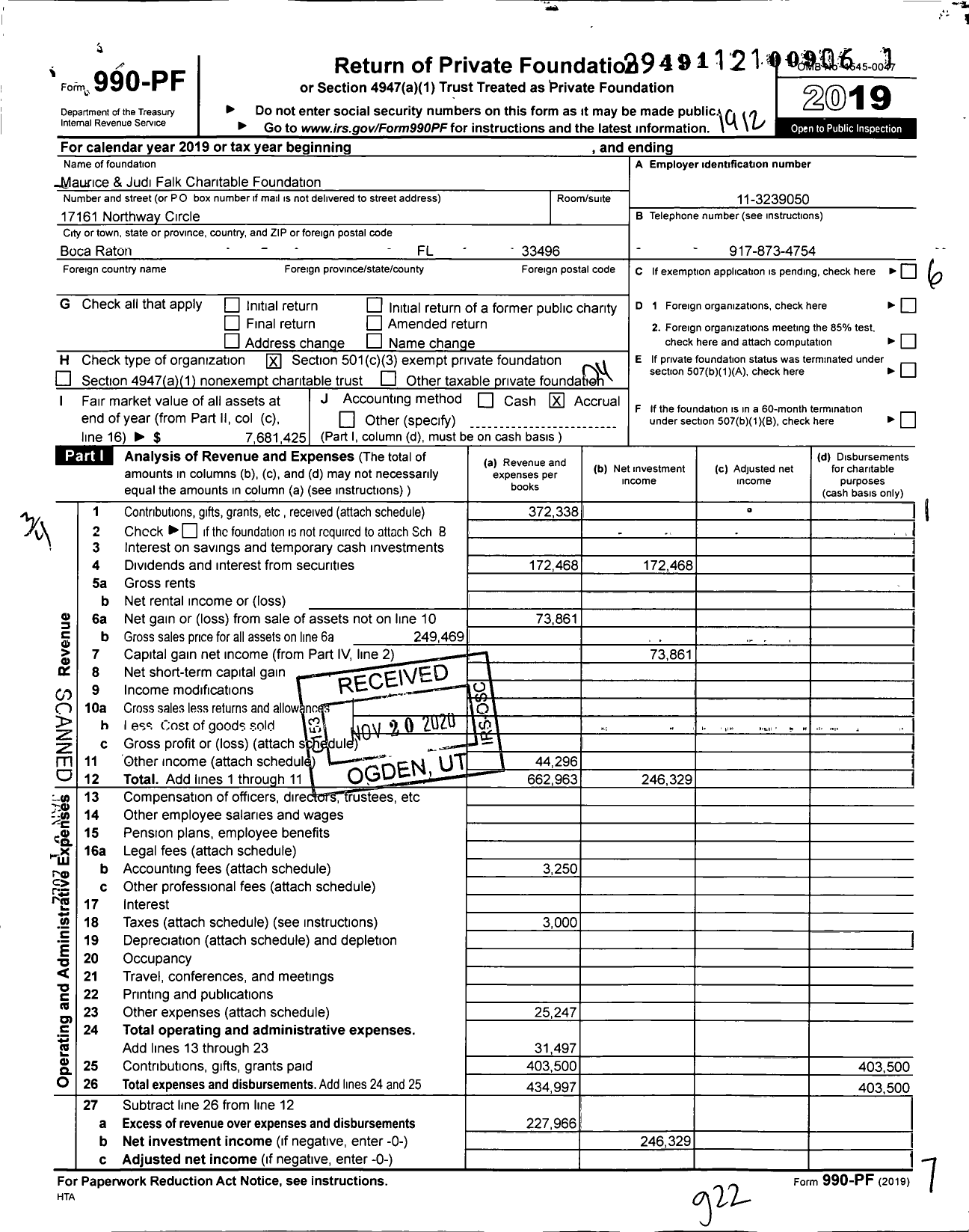 Image of first page of 2019 Form 990PF for Maurice & Judi Falk Charitable Foundation