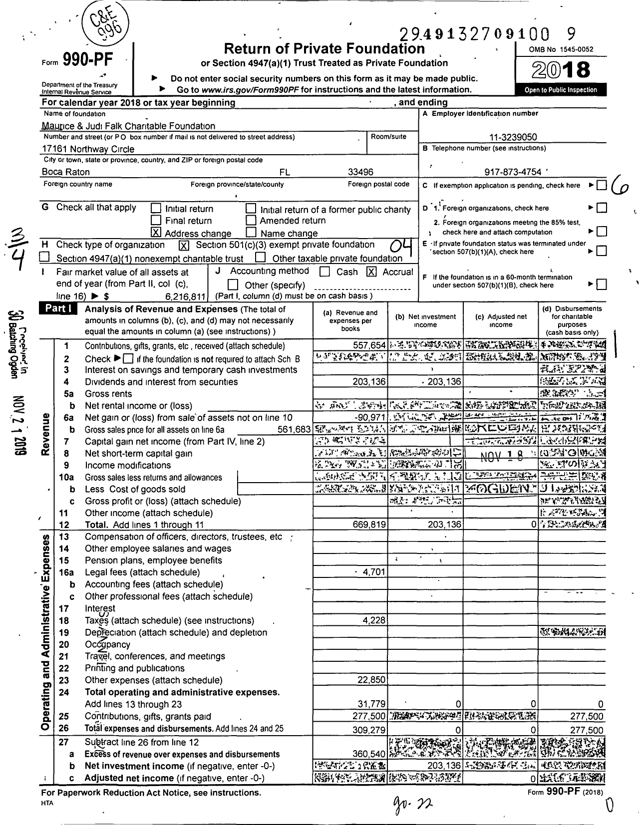 Image of first page of 2018 Form 990PF for Maurice & Judi Falk Charitable Foundation