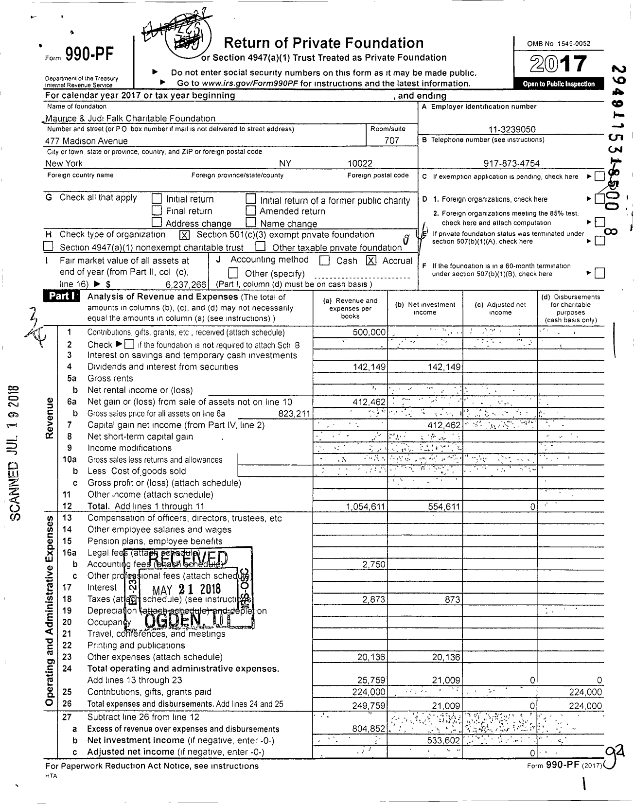 Image of first page of 2017 Form 990PF for Maurice & Judi Falk Charitable Foundation